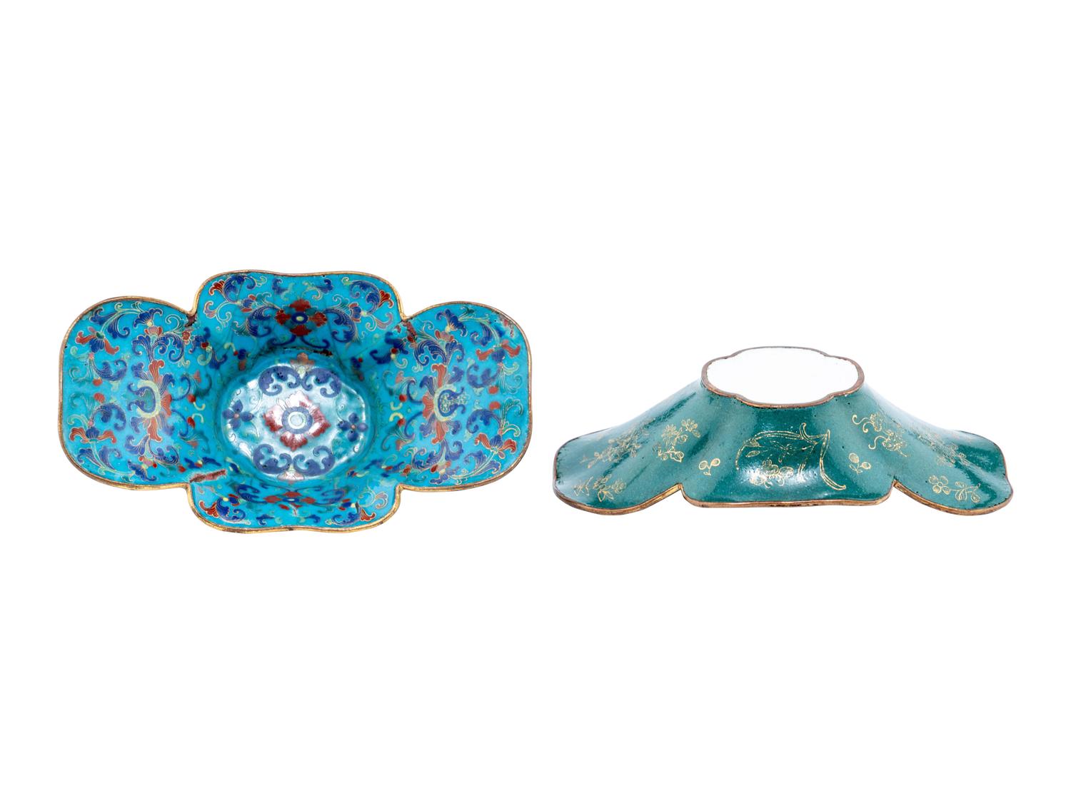 A Pair of Chinese Painted Enamel on Copper Begonia-Shaped Dishes