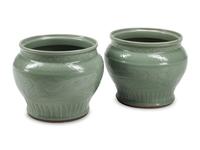 A Pair of Chinese Celadon Porcelain Jardinieres