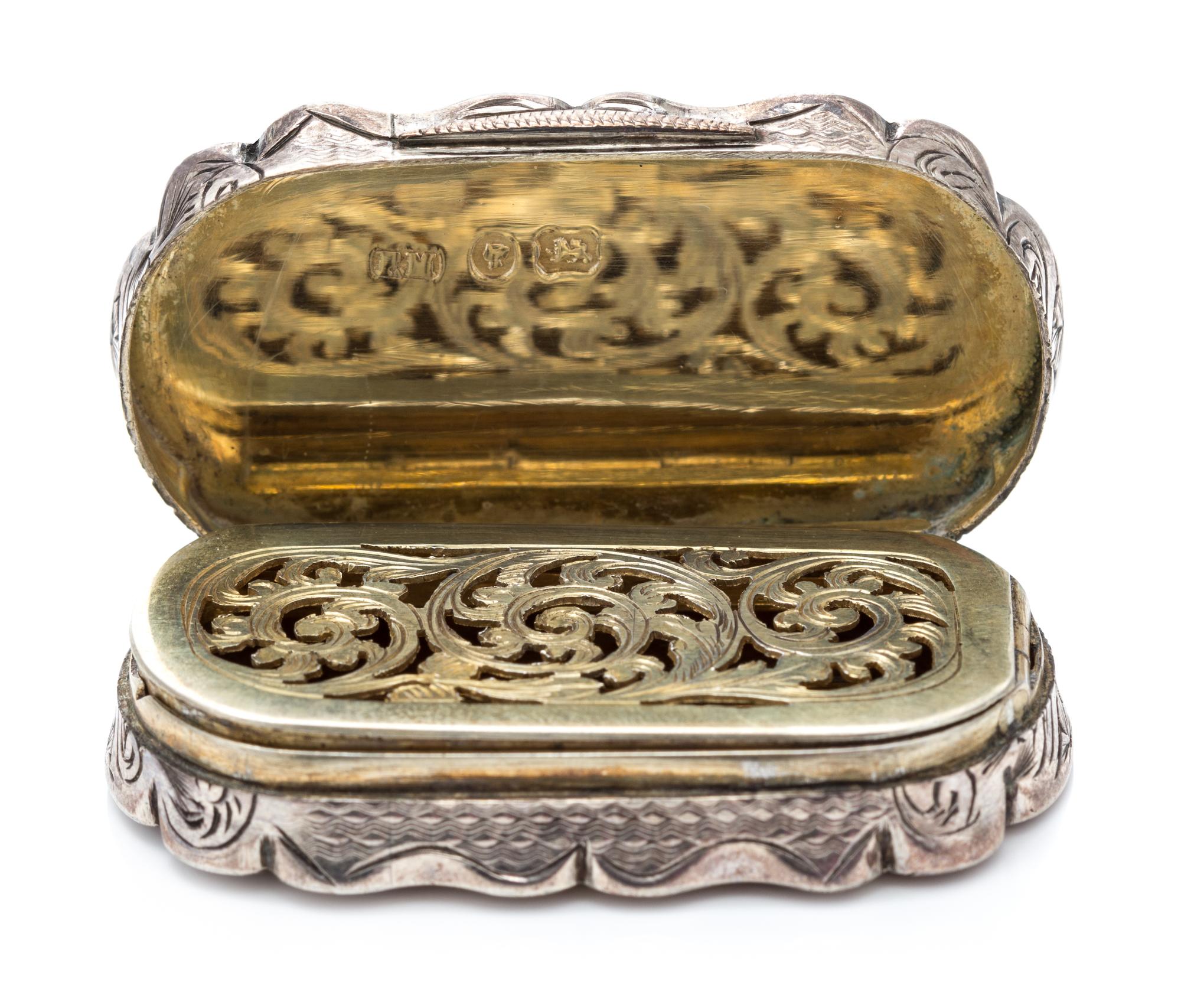 A Victorian Silver Vinaigrette, Frederick Marson, Birmingham, 1869, of oval form with floral and foliate decoration.