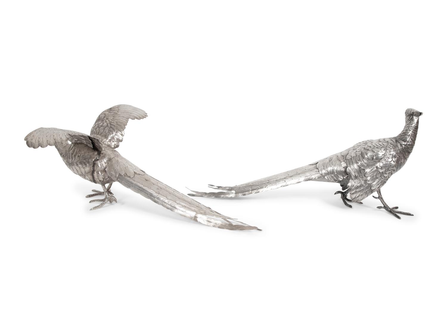 A Pair of Continental Silver Pheasant Table Ornaments