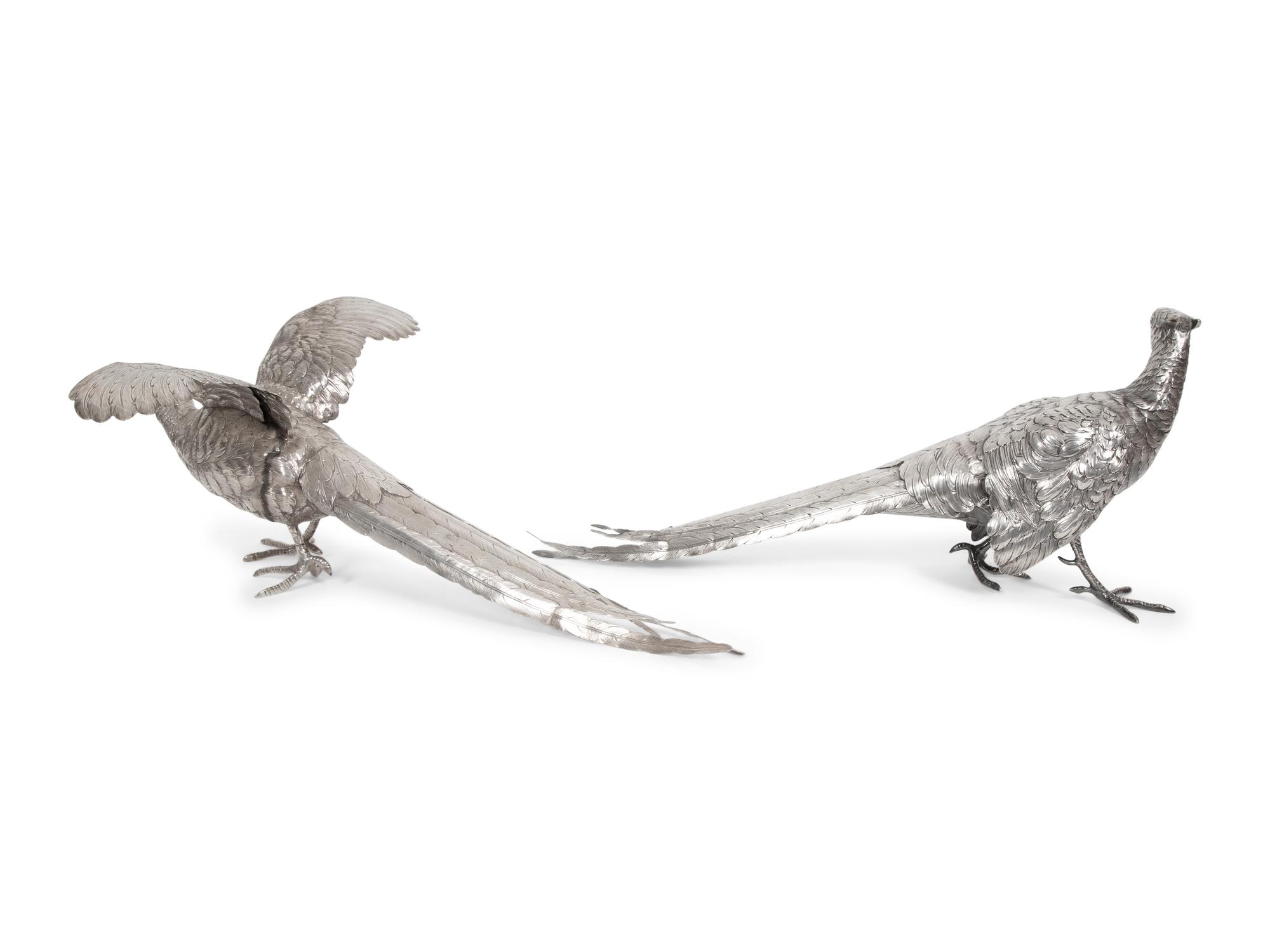 A Pair of Continental Silver Pheasant Table Ornaments