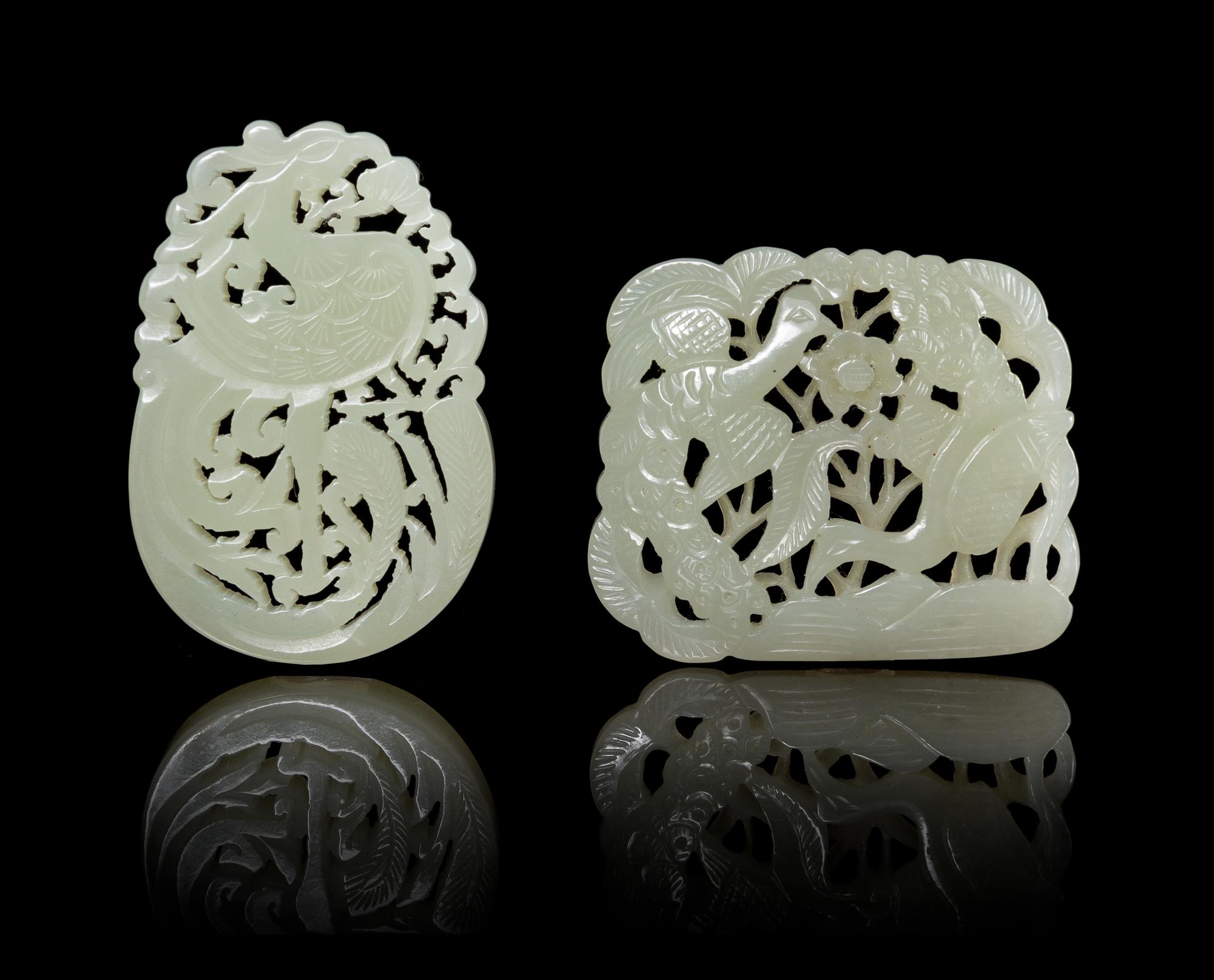 Two Celadon Jade Pendants. Length of largest 2 1/4 inches.