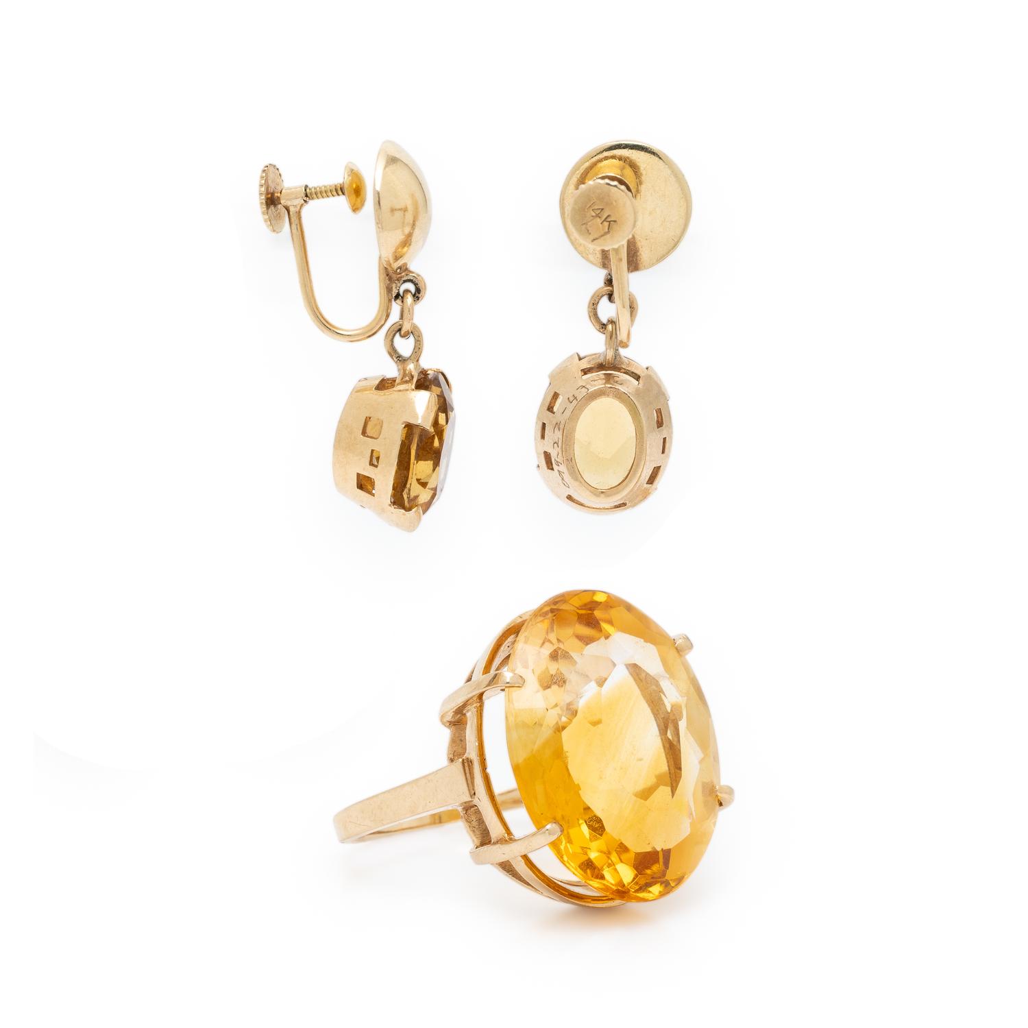 Yellow Gold and Citrine Ring and Earrings