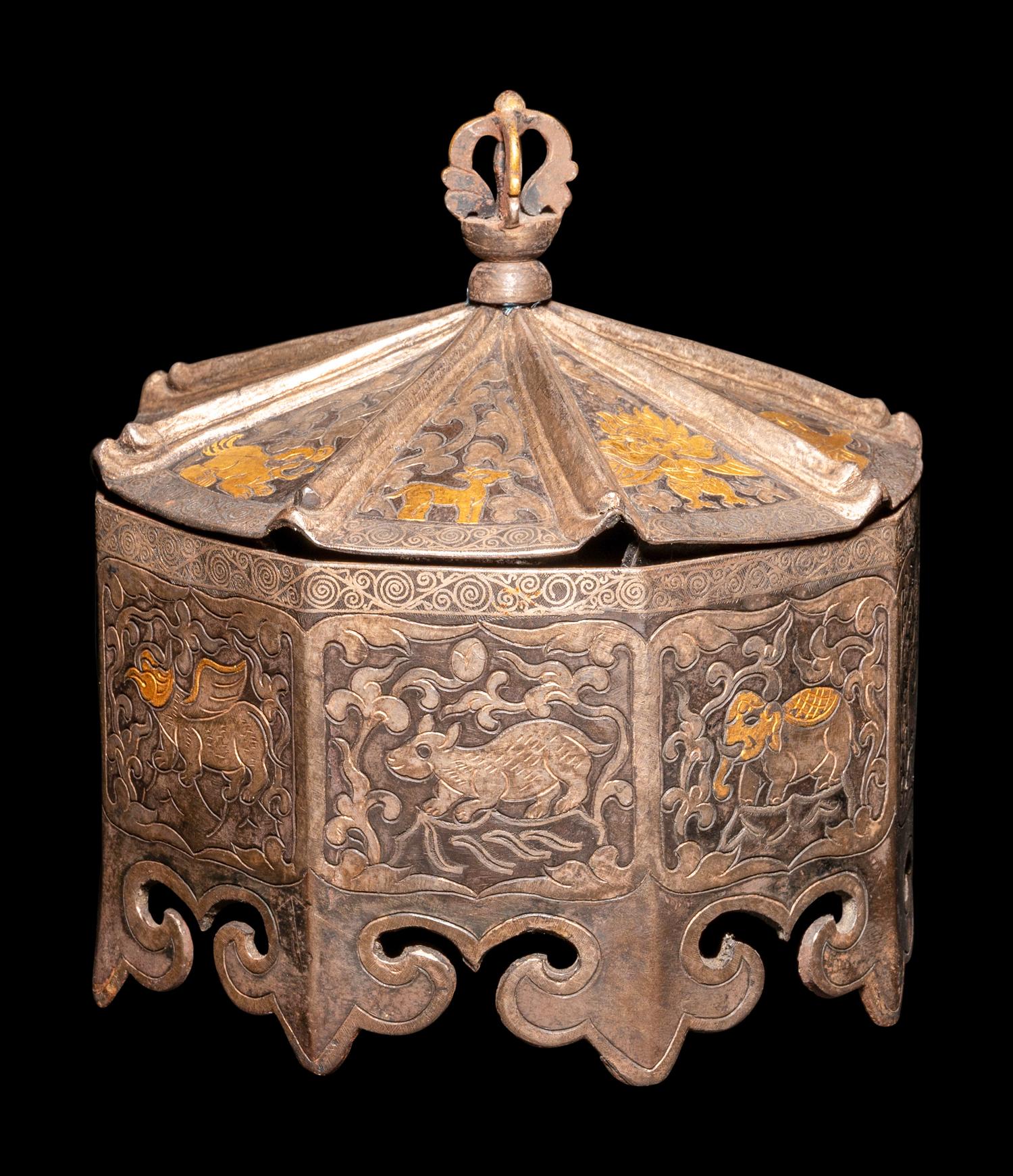 A Tibetan Gilt Inset Metal Covered Box