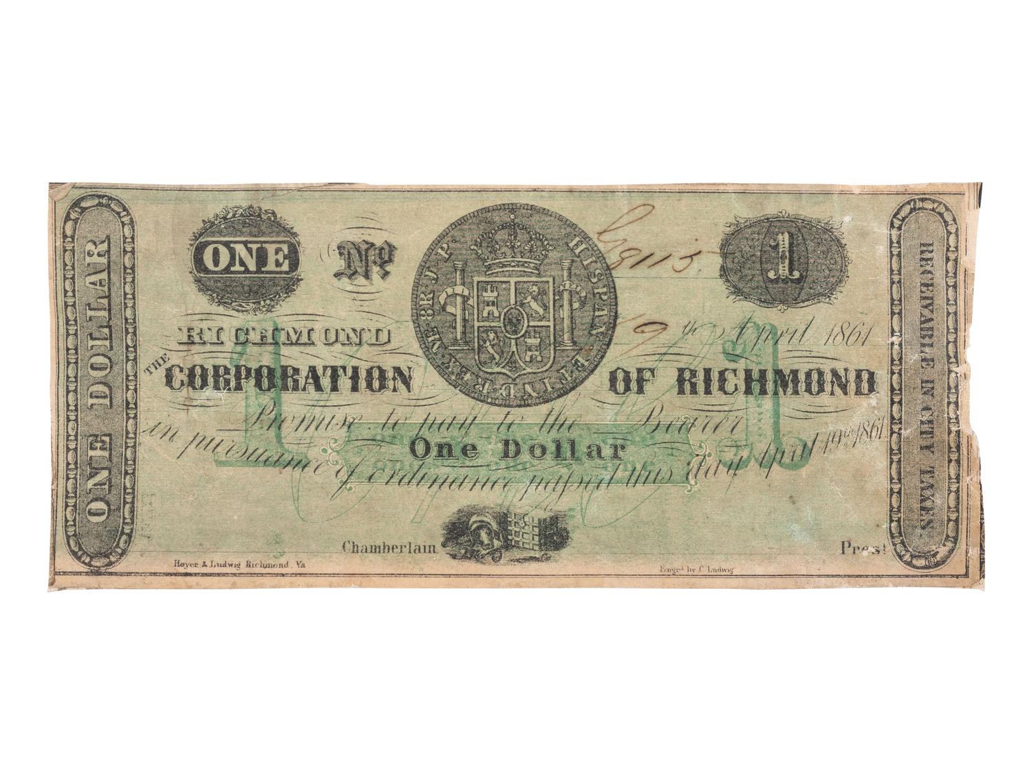 [CIVIL WAR]. Section of last Confederate flag that flew over Richmond in April 1865 with Corporation of Richmond note taken from the CSA Treasury.