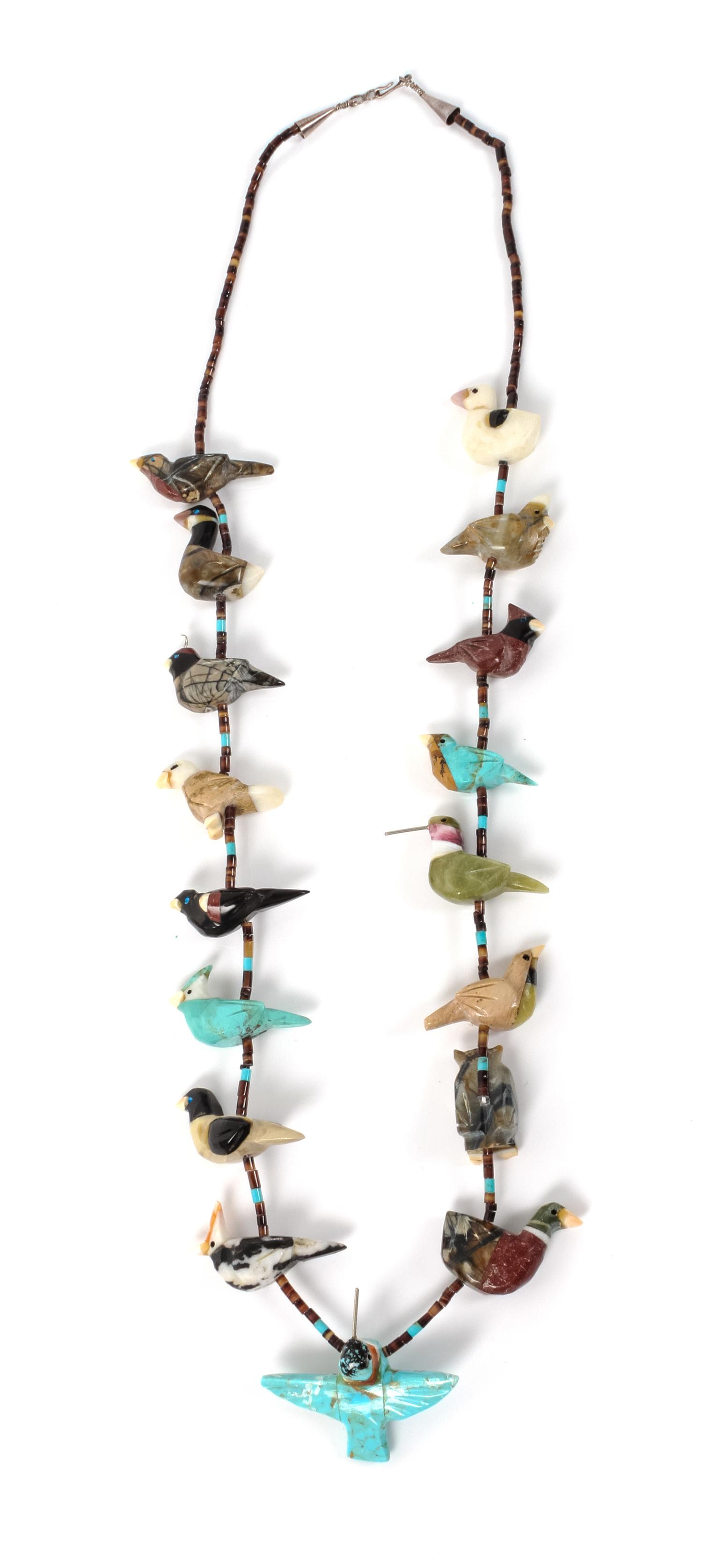 A Zuni Single Strand Bird Fetish Necklace Length 30 inches.
