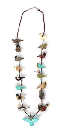 A Zuni Single Strand Bird Fetish Necklace Length 30 inches.
