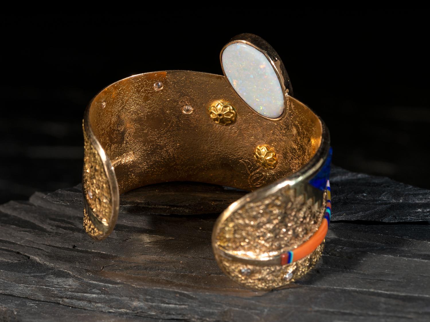 Tufa Cast 14K Gold Cuff Bracelet, with Mosaic Inlay Design Accented by Diamonds