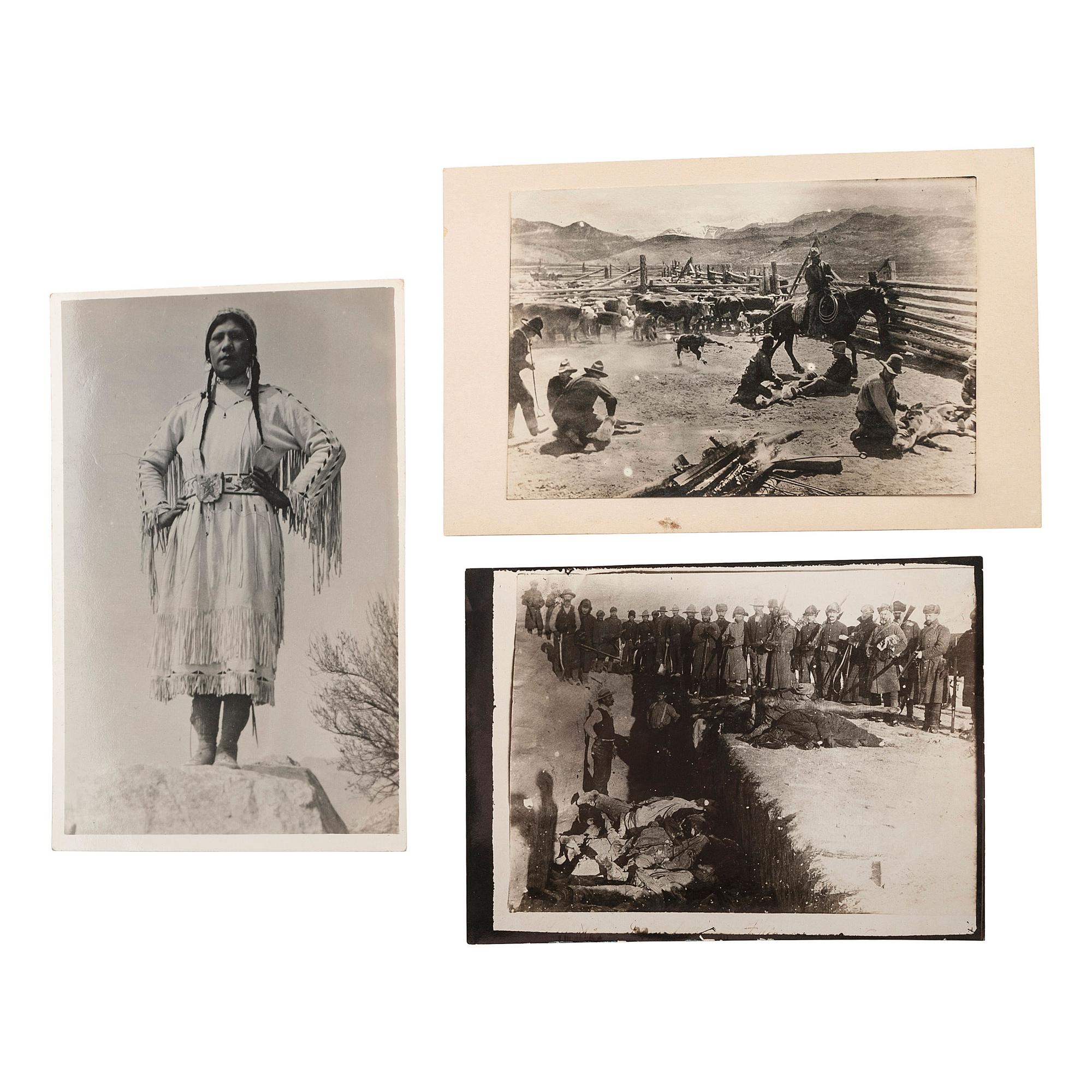 [WILD WEST SHOWS]. A group of 7 photographs and 2 real photo postcards of Buffalo Bill Cody from an album, comprising: