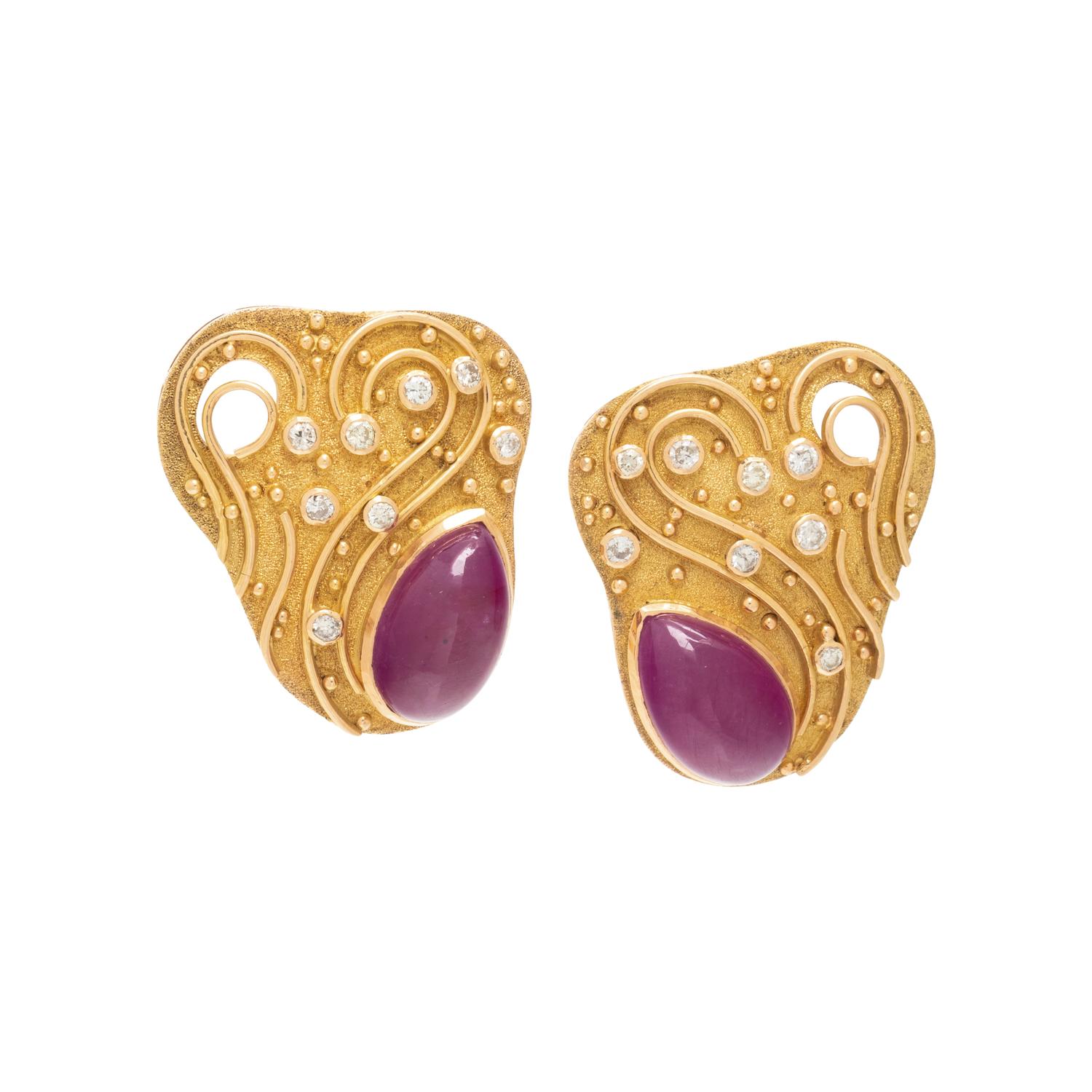 YELLOW GOLD, RUBY AND DIAMOND EARRINGS