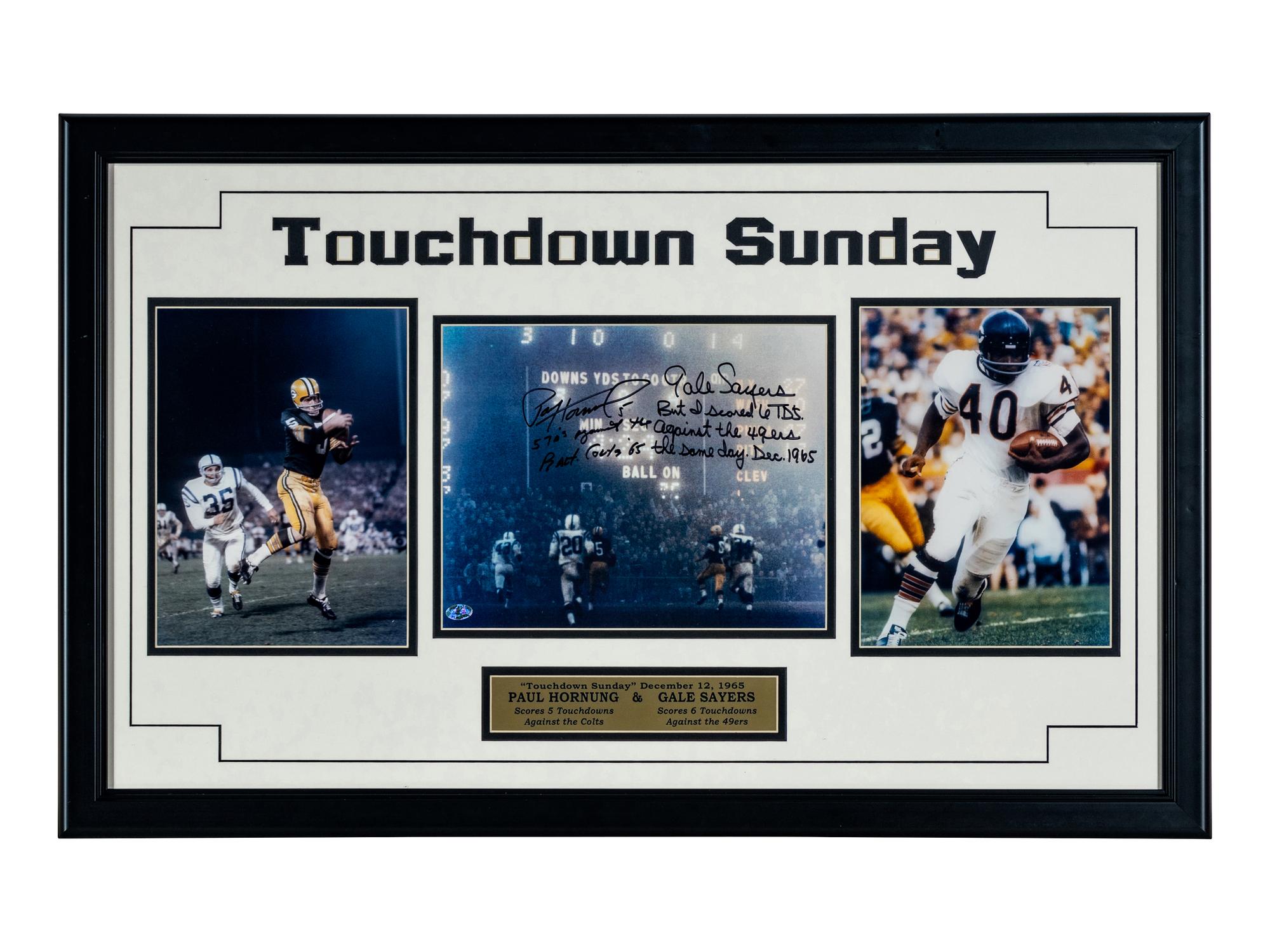 A Gale Sayers and Paul Hornung Dual Signed Autograph Custom Chicago Bears vs. Green Bay Packers "Touchdown Sunday" Display