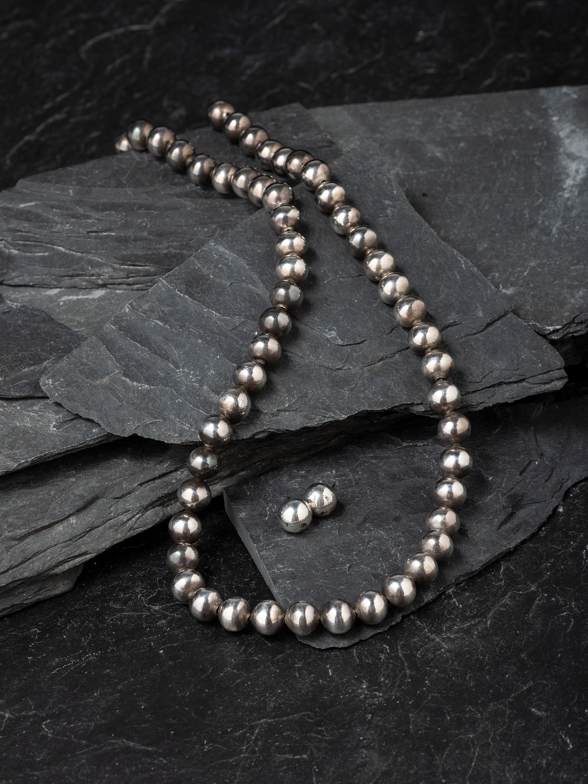 Silver Bead Necklace with Matching Stud Earrings