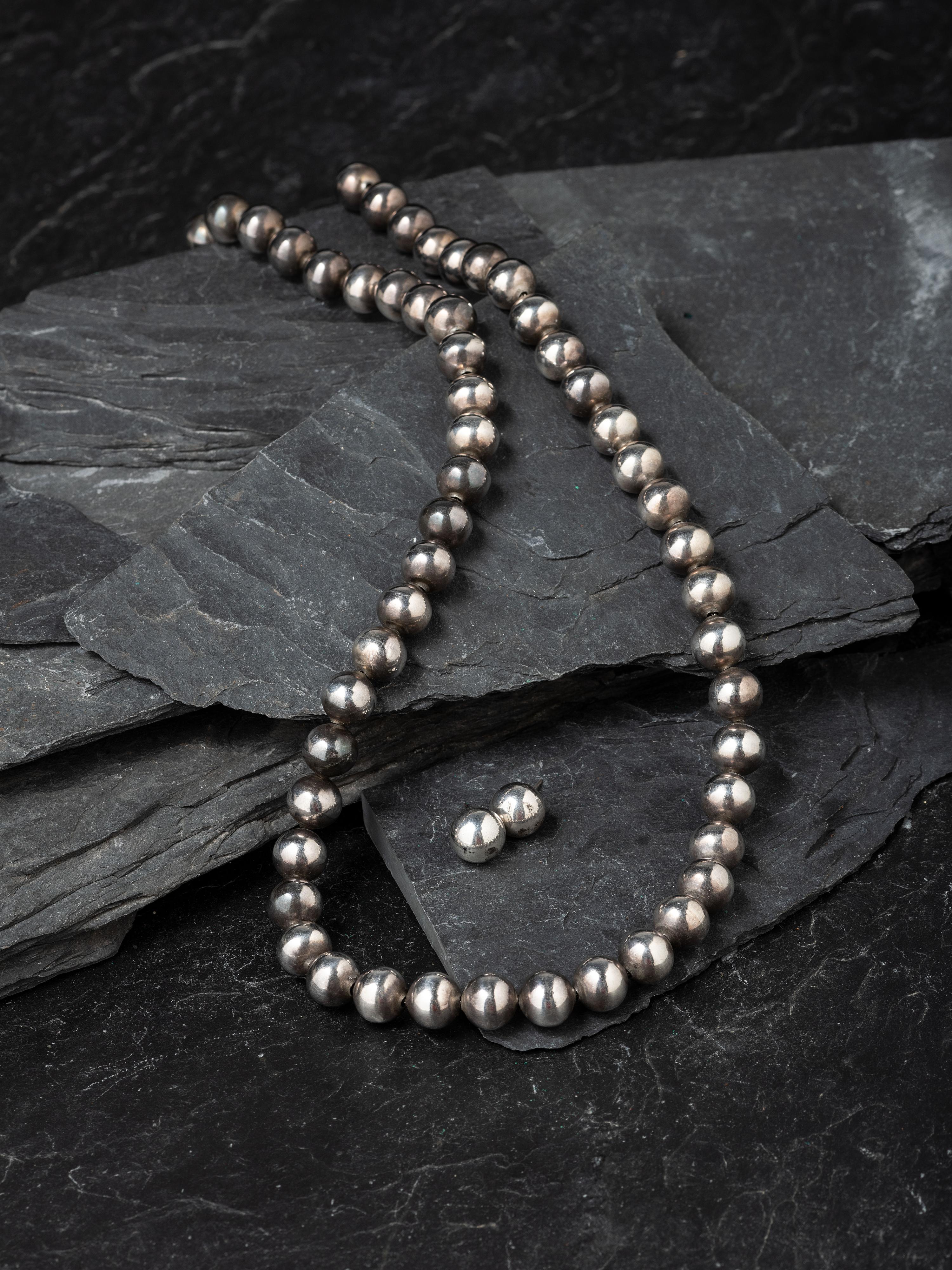 Silver Bead Necklace with Matching Stud Earrings