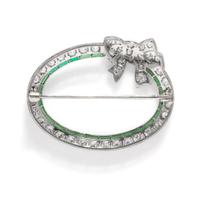 ART DECO, PLATINUM, DIAMOND, AND SYNTHETIC EMERALD BOW BROOCH