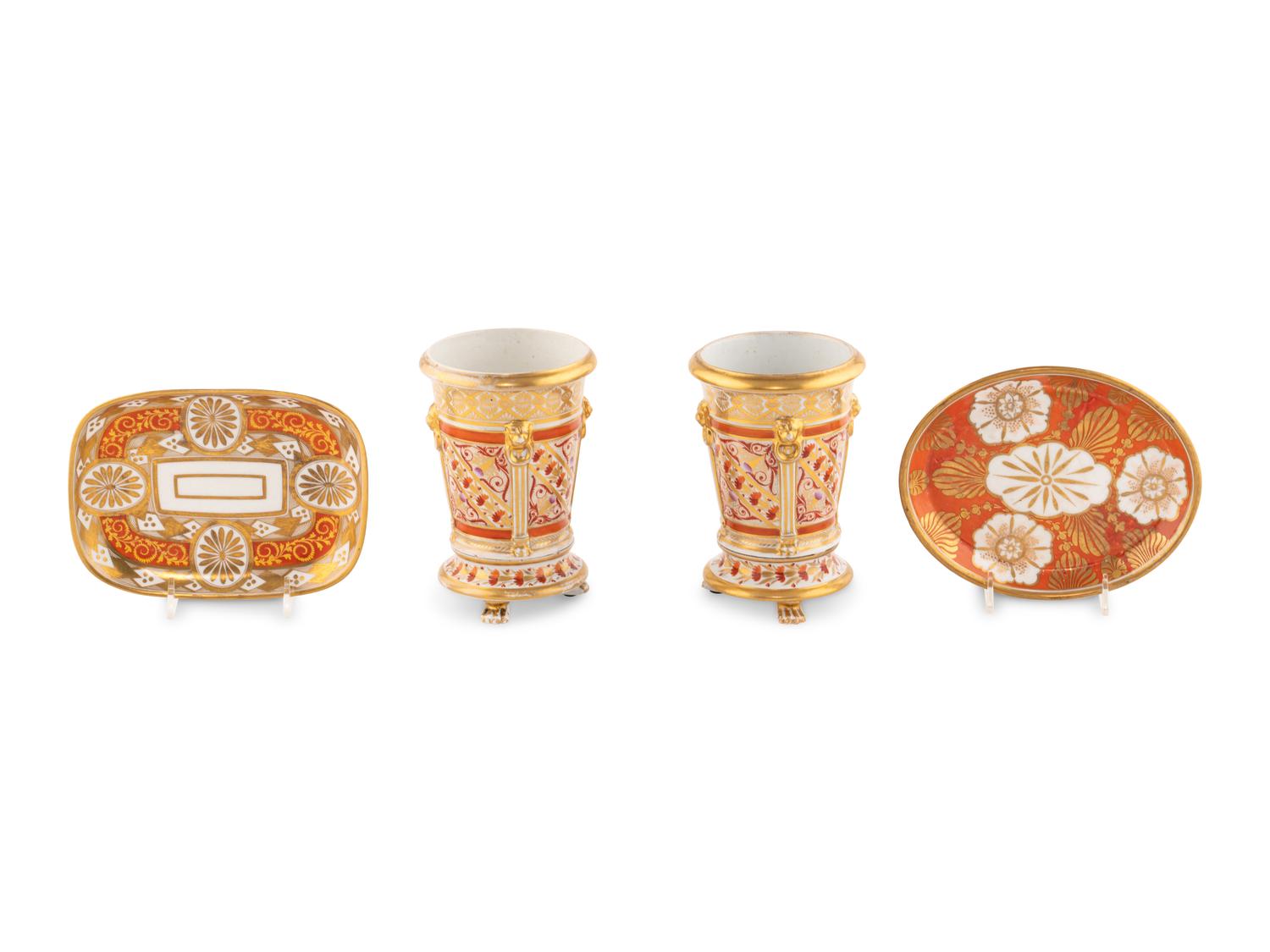 Two English Porcelain Trays and a Pair of Similar Spill Vases