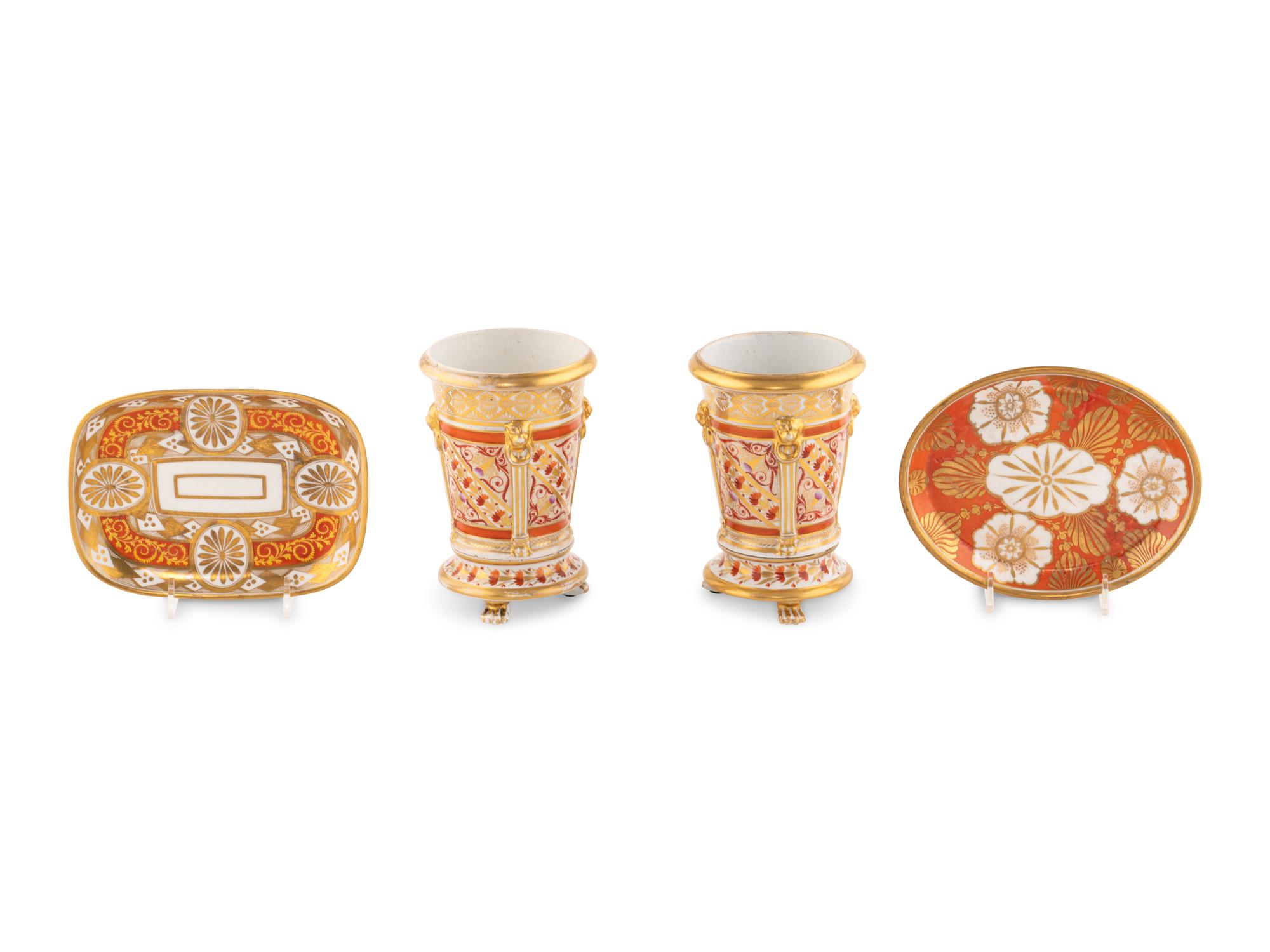 Two English Porcelain Trays and a Pair of Similar Spill Vases