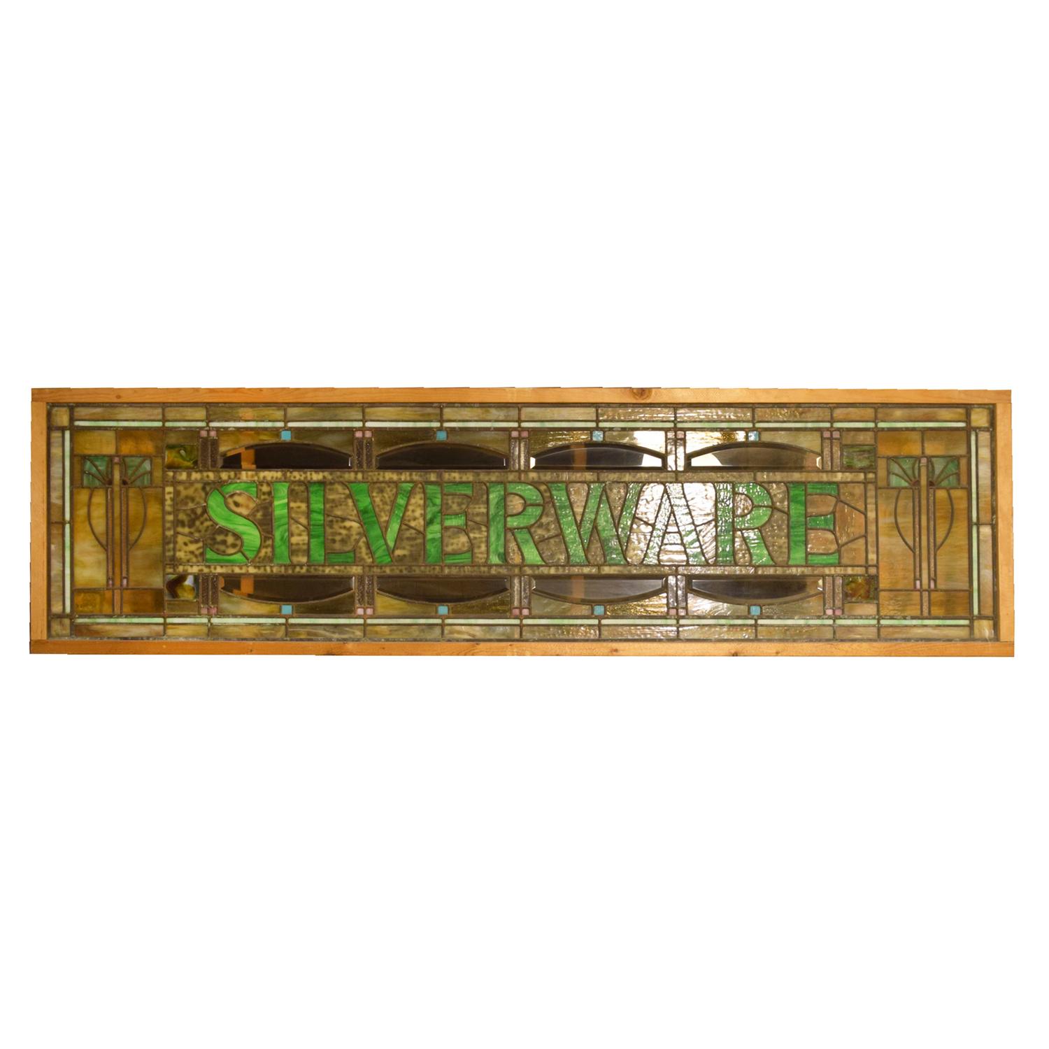 A "SILVERWARE" Prairie School Stained Glass Panel 90" W x 1.5" D x 26" H — United States, Early 20th Century