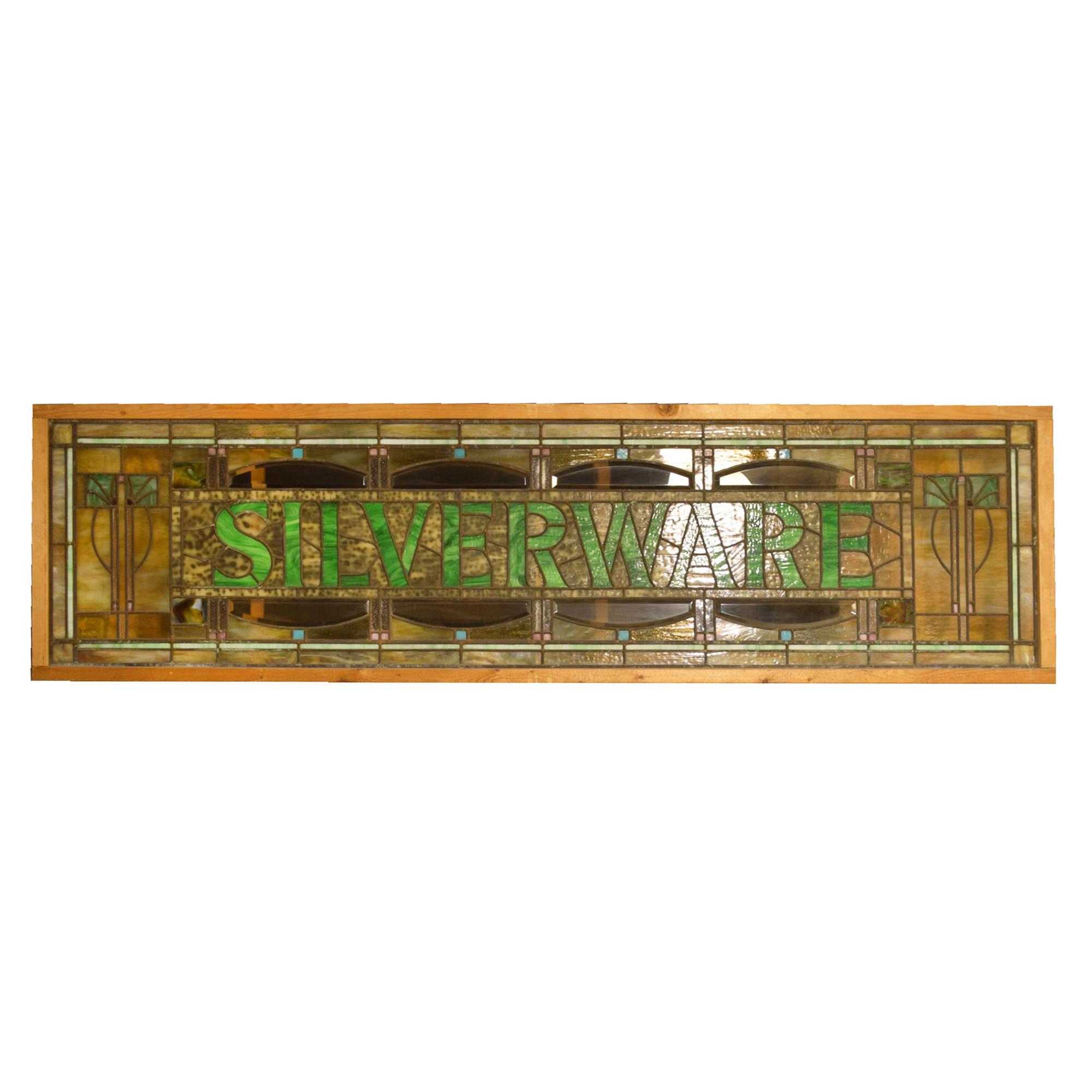 A "SILVERWARE" Prairie School Stained Glass Panel 90" W x 1.5" D x 26" H — United States, Early 20th Century