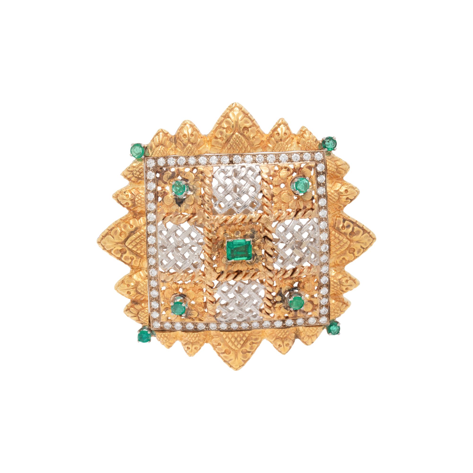 BICOLOR GOLD, EMERALD, AND DIAMOND BROOCH/PENDANT