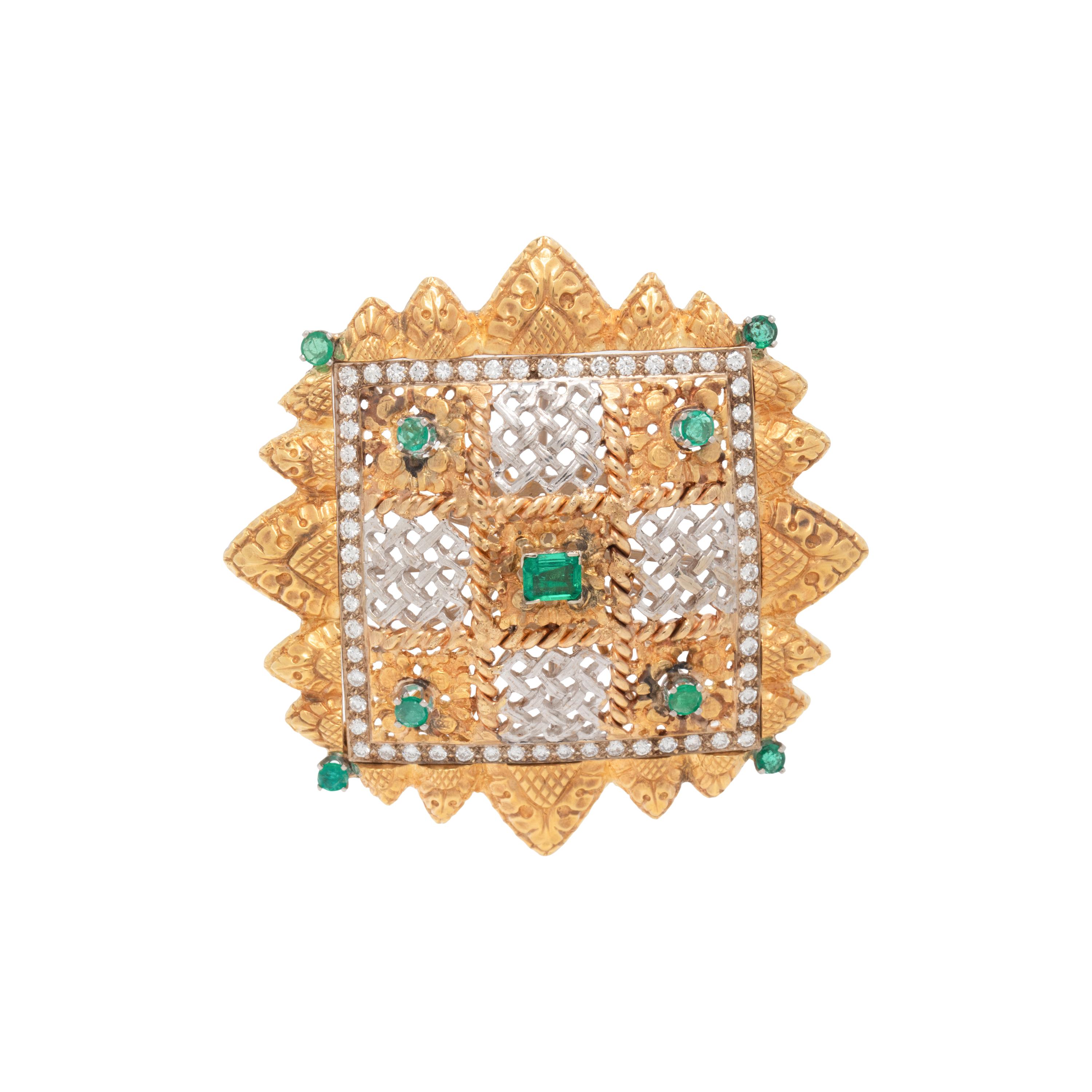 BICOLOR GOLD, EMERALD, AND DIAMOND BROOCH/PENDANT