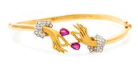 An 18 Karat Yellow Gold, Diamond and Ruby Hand Motif Bracelet, Carrera y Carrera, 12.80 dwts.