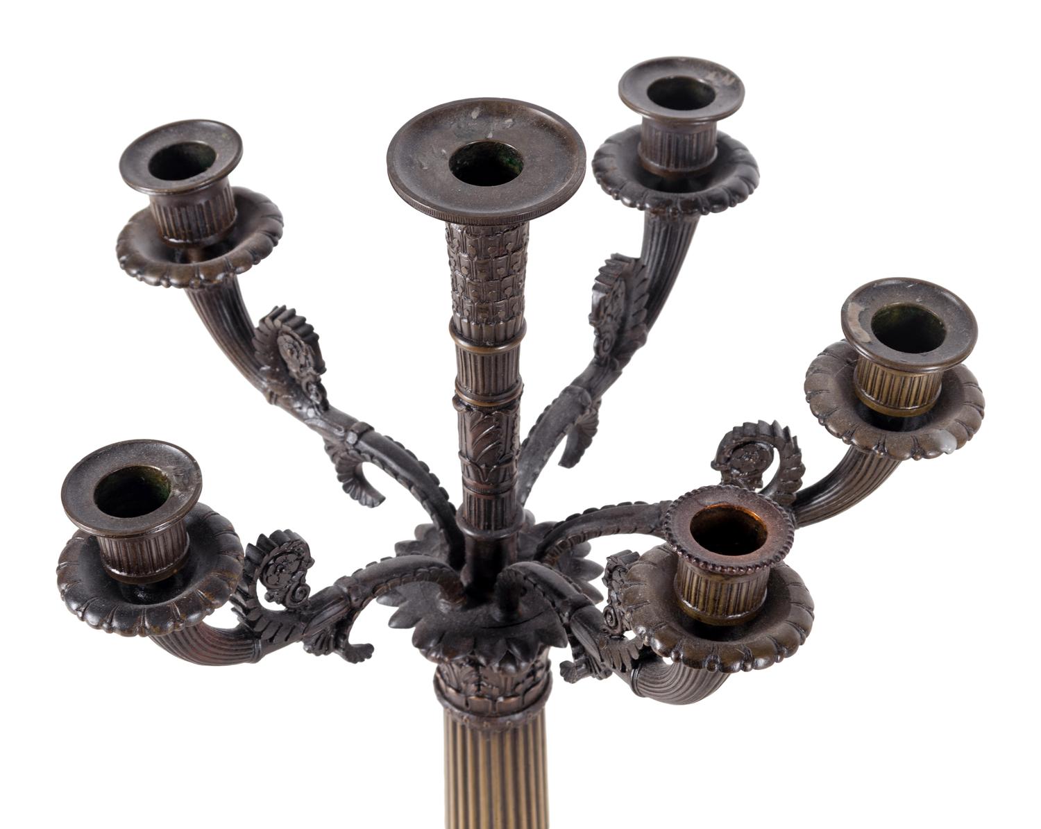 A Pair of Charles X Bronze and Sienna Marble Six-Light Candelabra