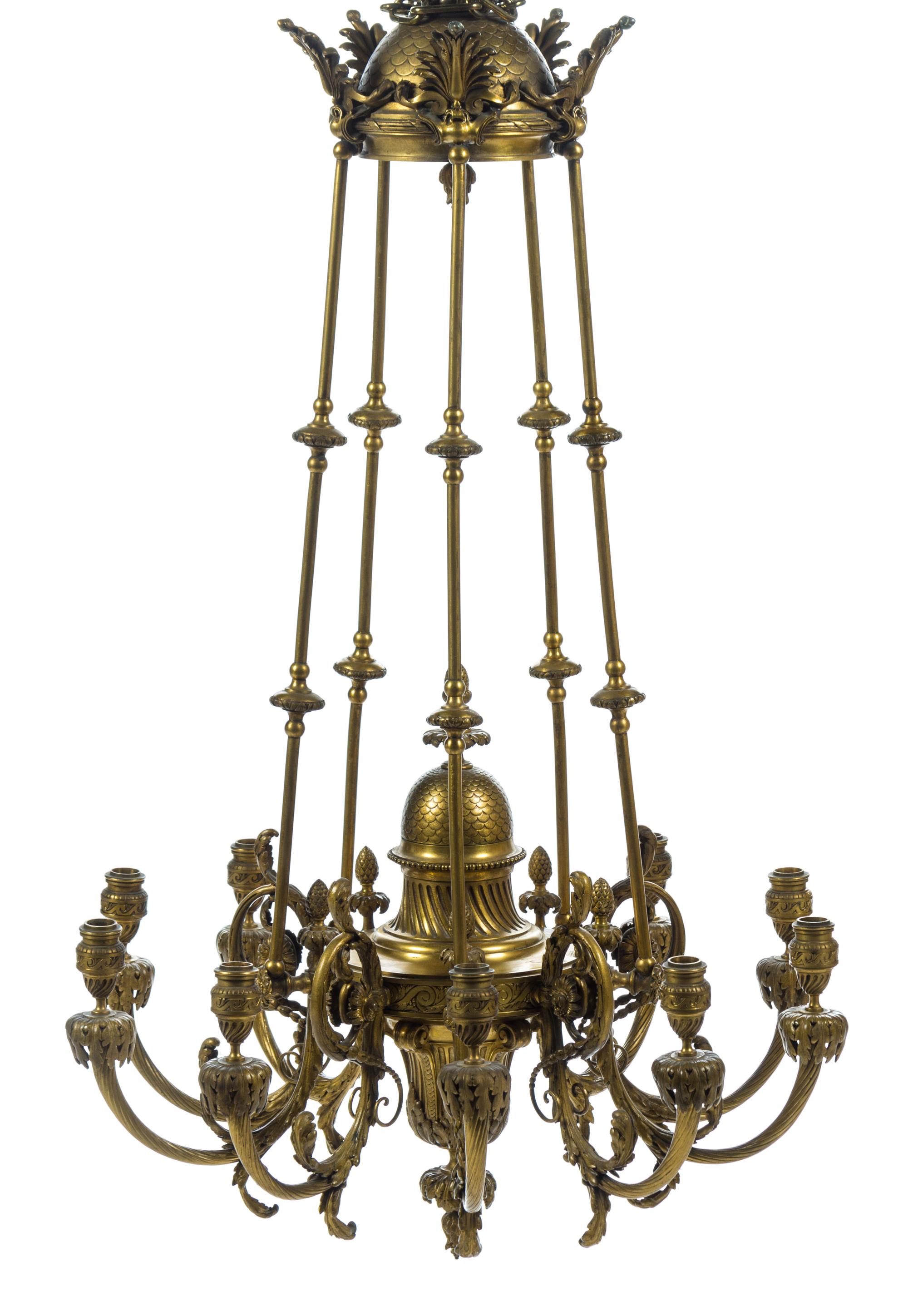 A Louis XVI Style Gilt Bronze Ten-Light Chandelier Height 42 x width 25 inches. — FERDINAND BARBEDIENNE, PARIS, LATE 19TH CENTURY