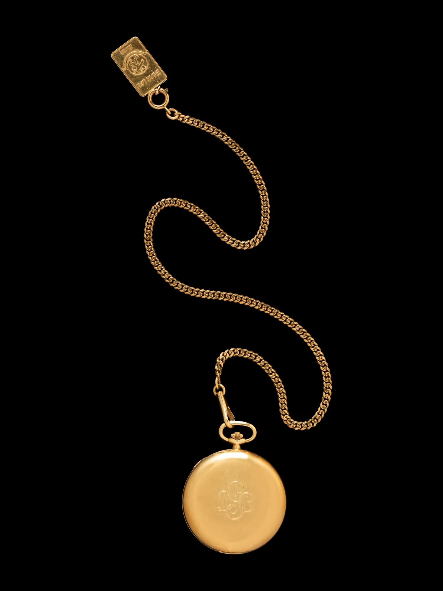 PATEK PHILIPPE, 18K YELLOW GOLD POCKET WATCH WITH CHAIN AND CHARM