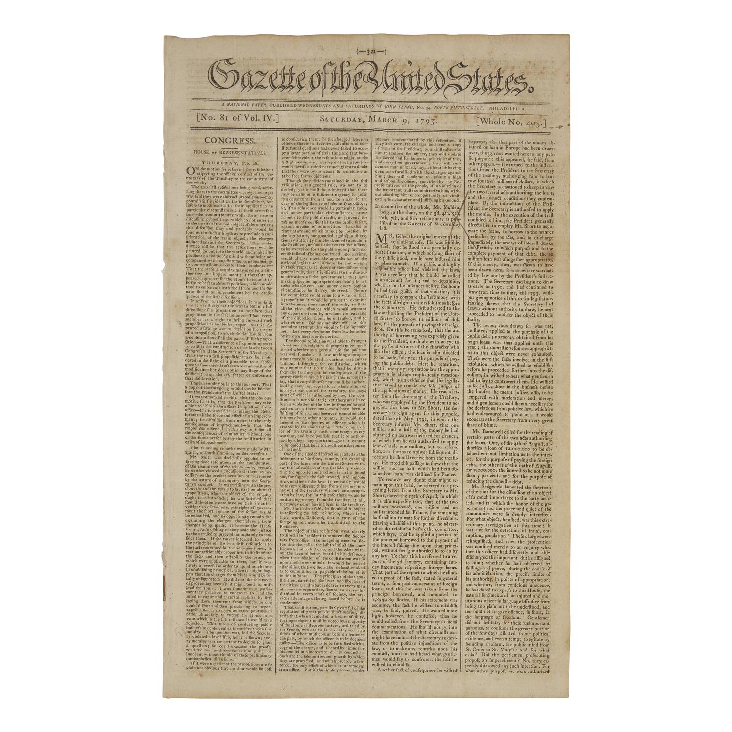 [Washington, George] President Washington's Second Inaugural Address, in the Gazette of the United States