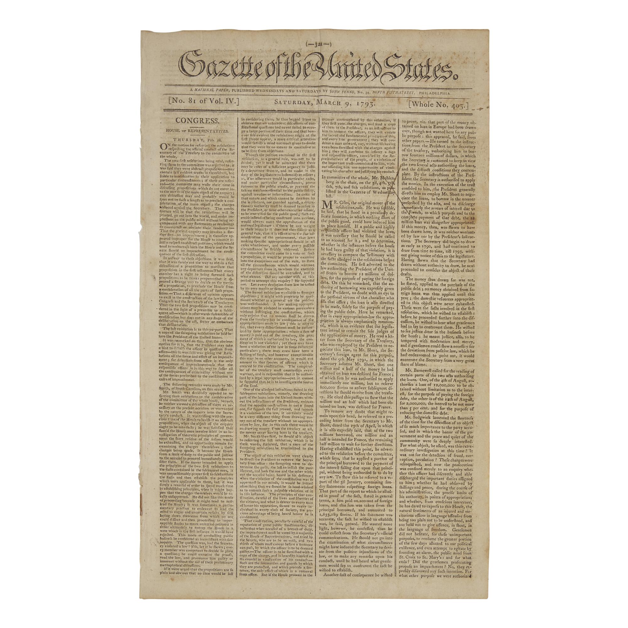 [Washington, George] President Washington's Second Inaugural Address, in the Gazette of the United States