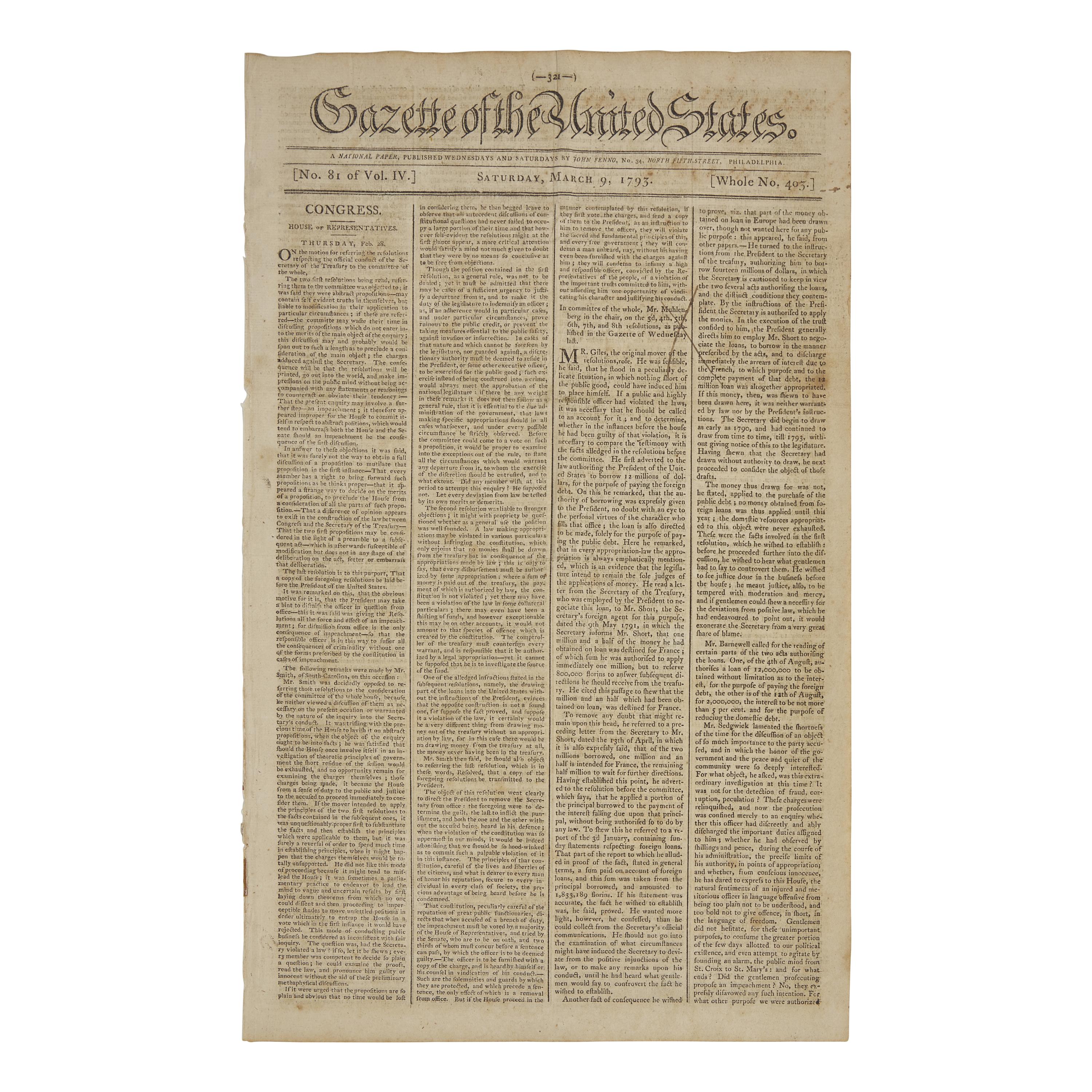 [Washington, George] President Washington's Second Inaugural Address, in the Gazette of the United States