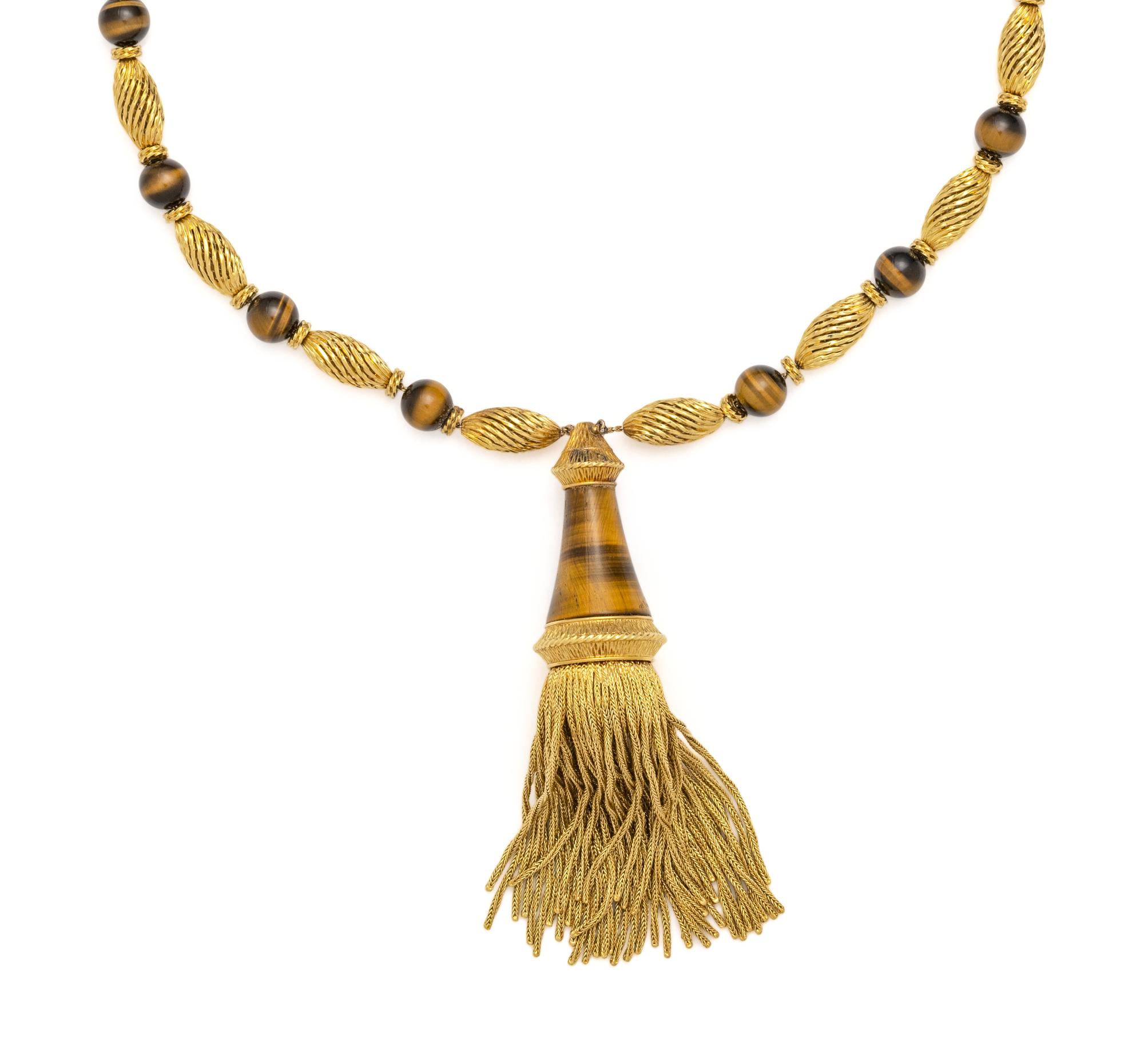 FRENCH, YELLOW GOLD AND TIGER'S EYE TASSEL NECKLACE