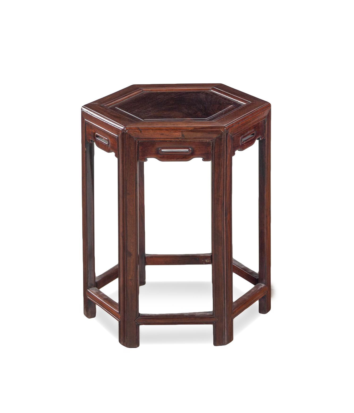 A Pair of Huanghuali Square Stools and Rosewood Hexagonal Stools
