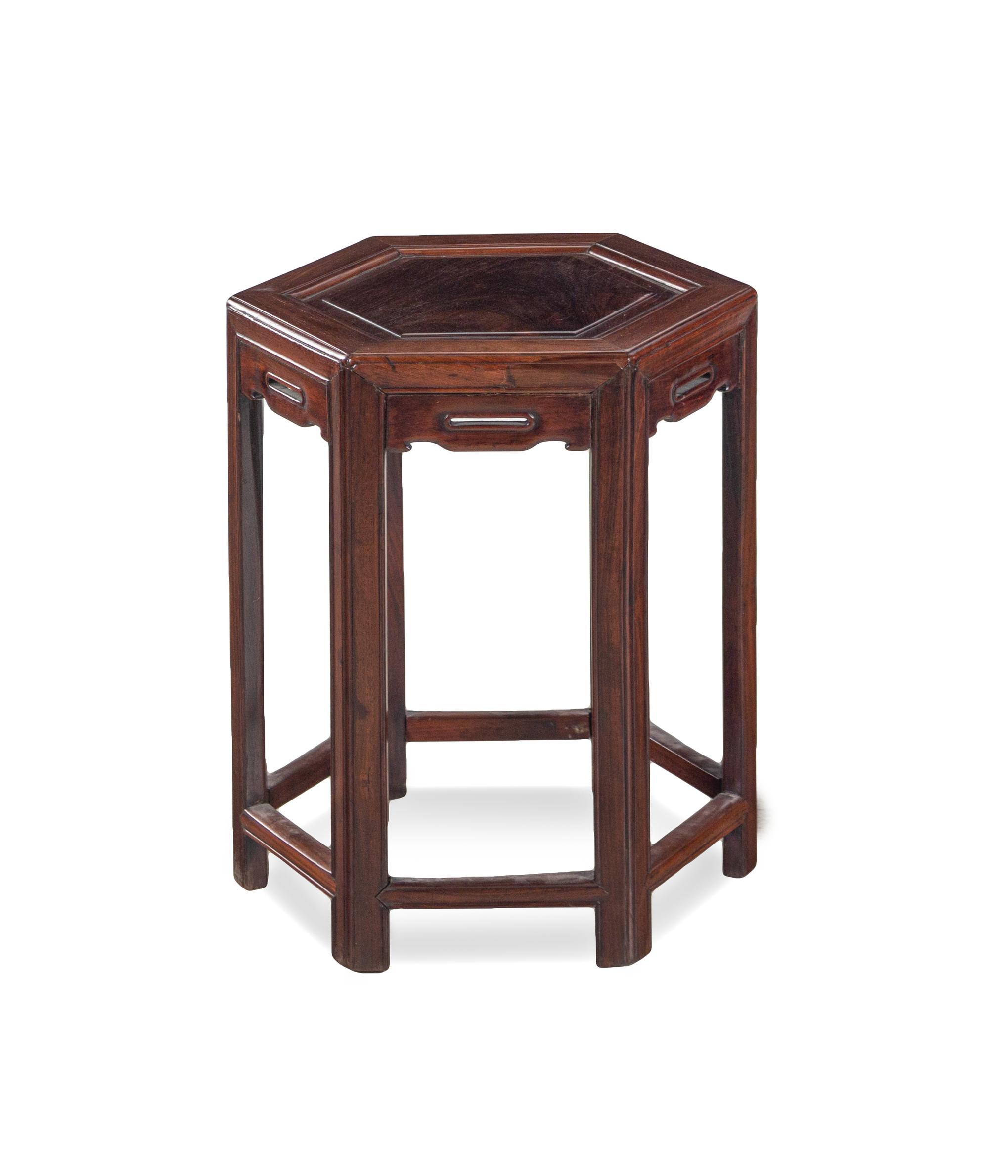 A Pair of Huanghuali Square Stools and Rosewood Hexagonal Stools