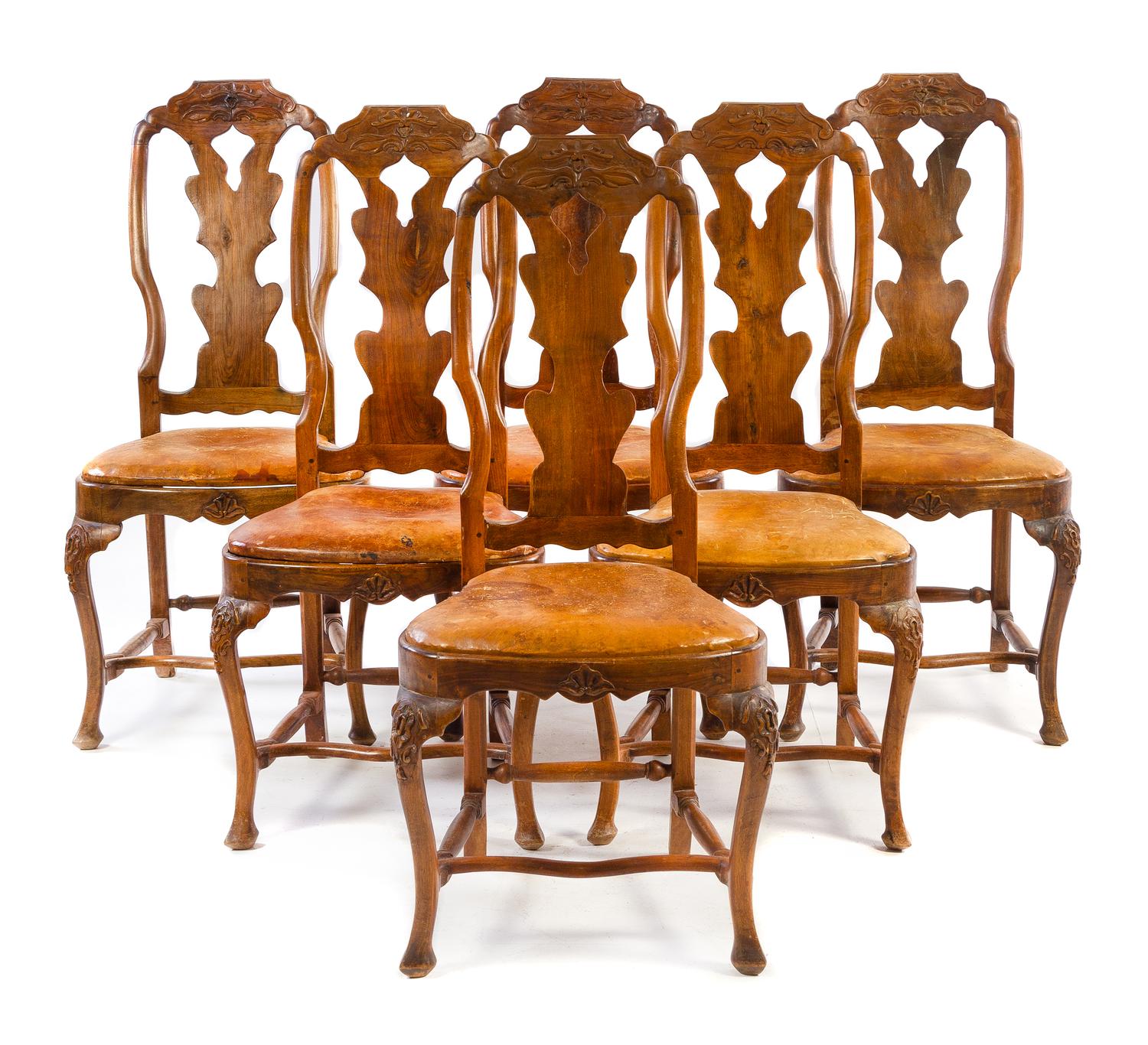 A Set of Six Italian Fruitwood Dining Chairs Height 41 inches. — 20TH CENTURY