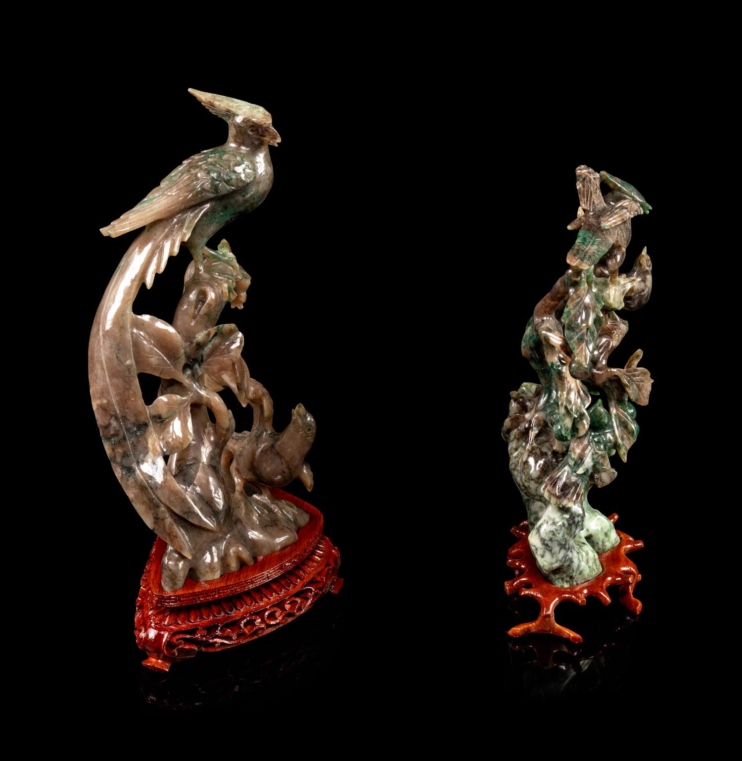 Two Chinese Spinach Jade Figural Groups of Birds