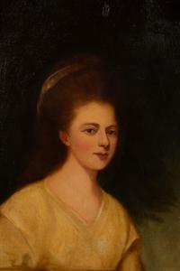 Portrait of a lady, seated three-quarter length, in a cream dress and red wrap