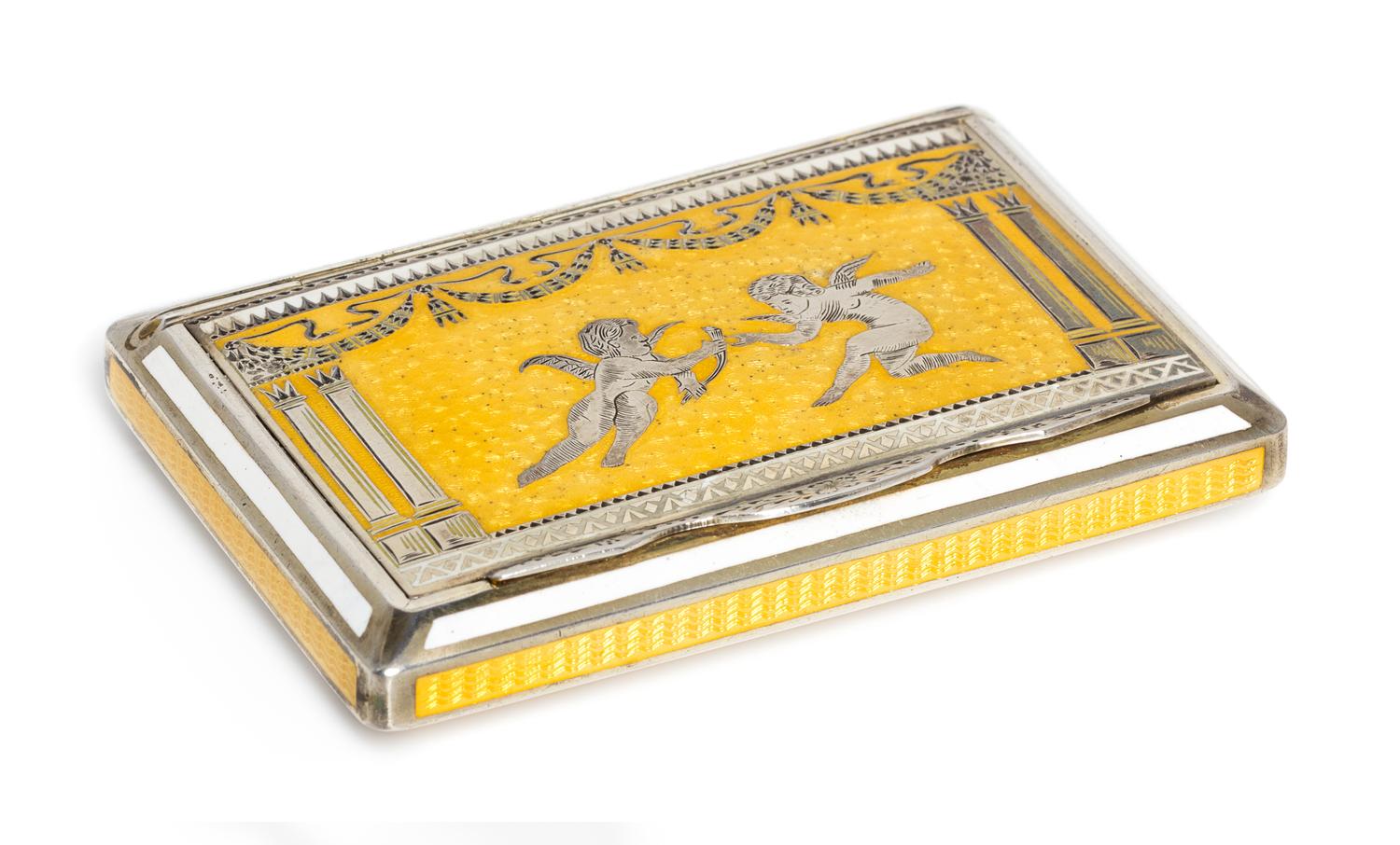 An Austrian Silver and Enamel Cigarette Case, Maker's Mark Obscured, Vienna, Late 19th/Early 20th Century, the lid depicting putti, col