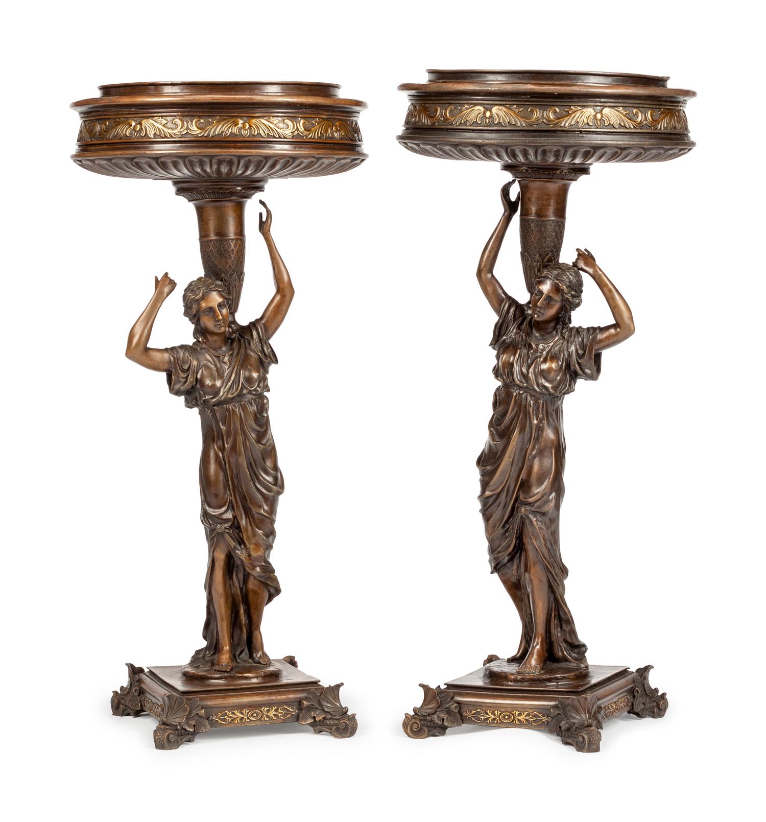 A Pair of Continental Patinated Bronze Figural Jardinieres