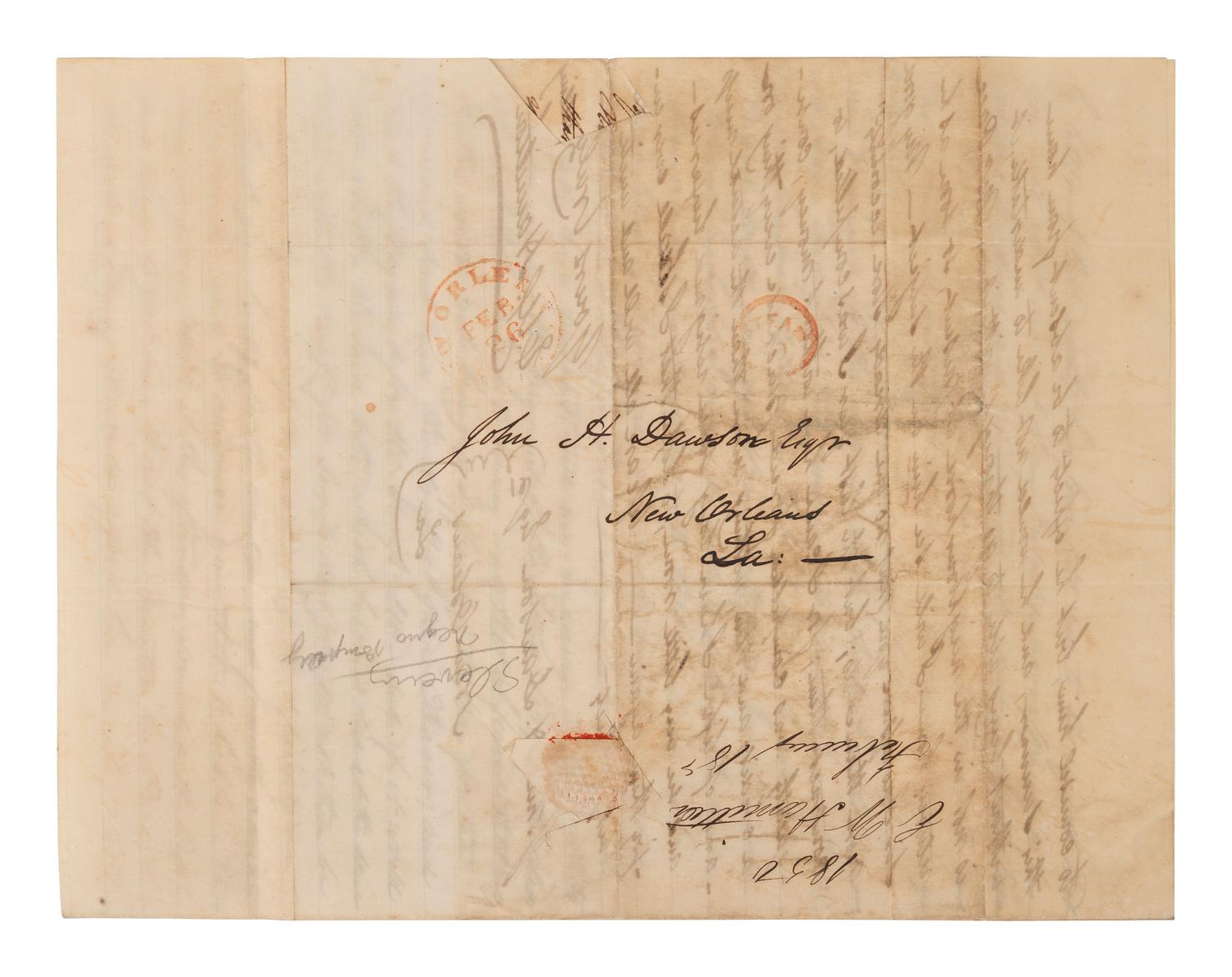 [ENSLAVEMENT]. Pair of letters lamenting the possible sale of a 35-year-old slave named Pompey. 1850.