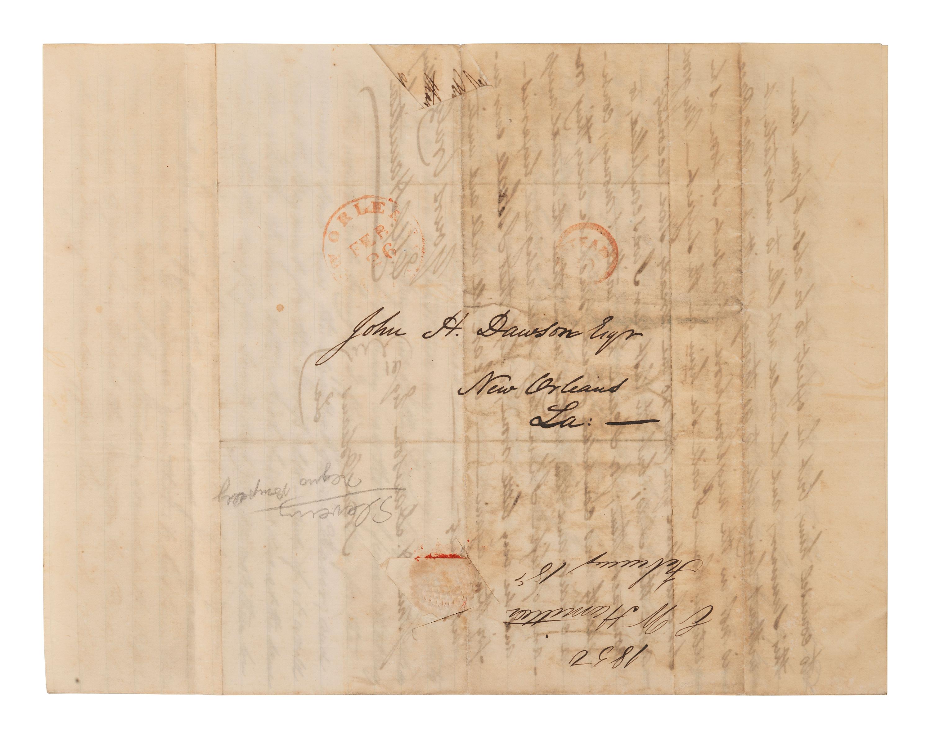 [ENSLAVEMENT]. Pair of letters lamenting the possible sale of a 35-year-old slave named Pompey. 1850.