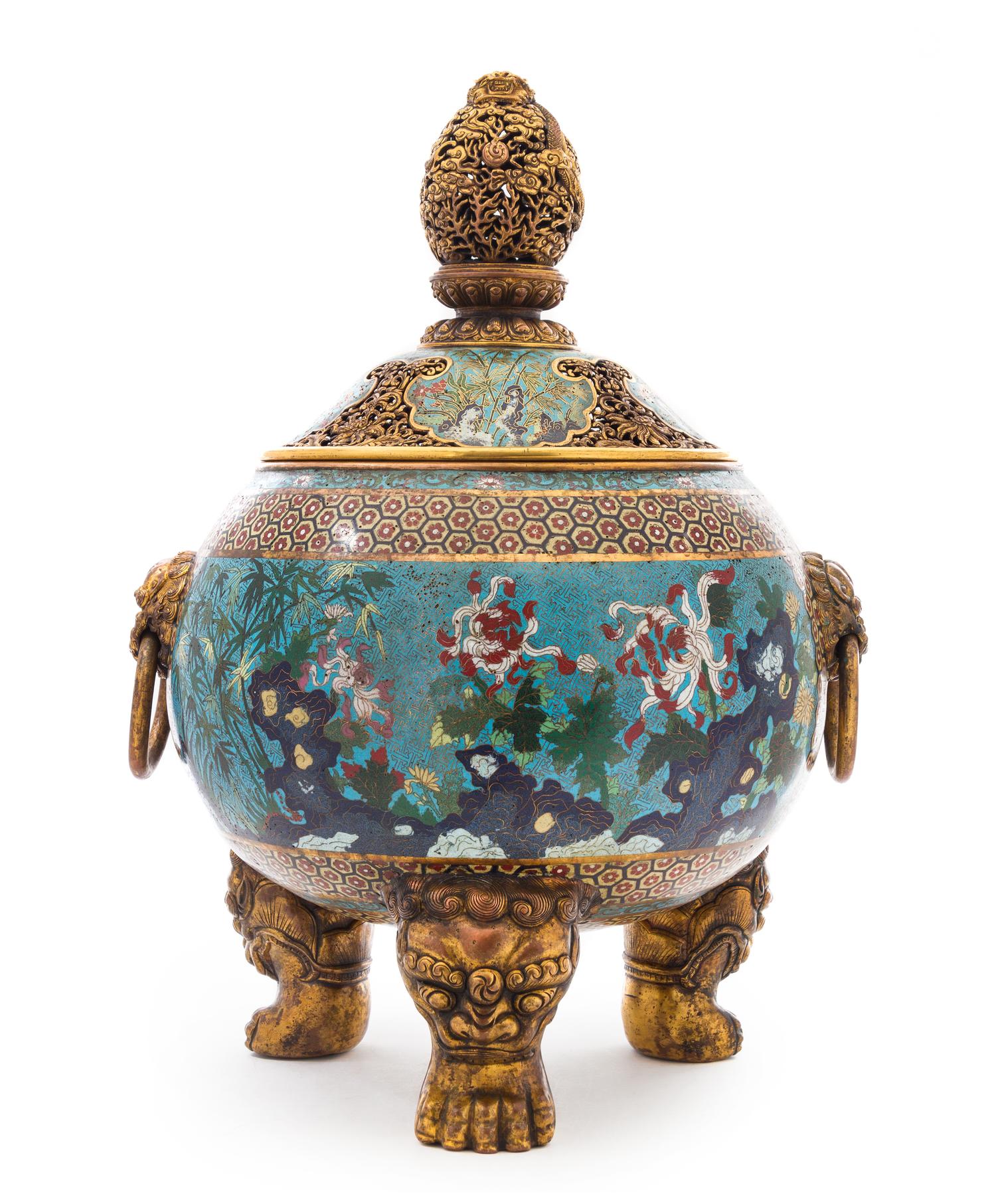 A Large Cloisonne Enamel and Bronze Tripod Censor LIKELY 20TH CENTURY Height 24 1/4 inches. — LIKELY 20TH CENTURY