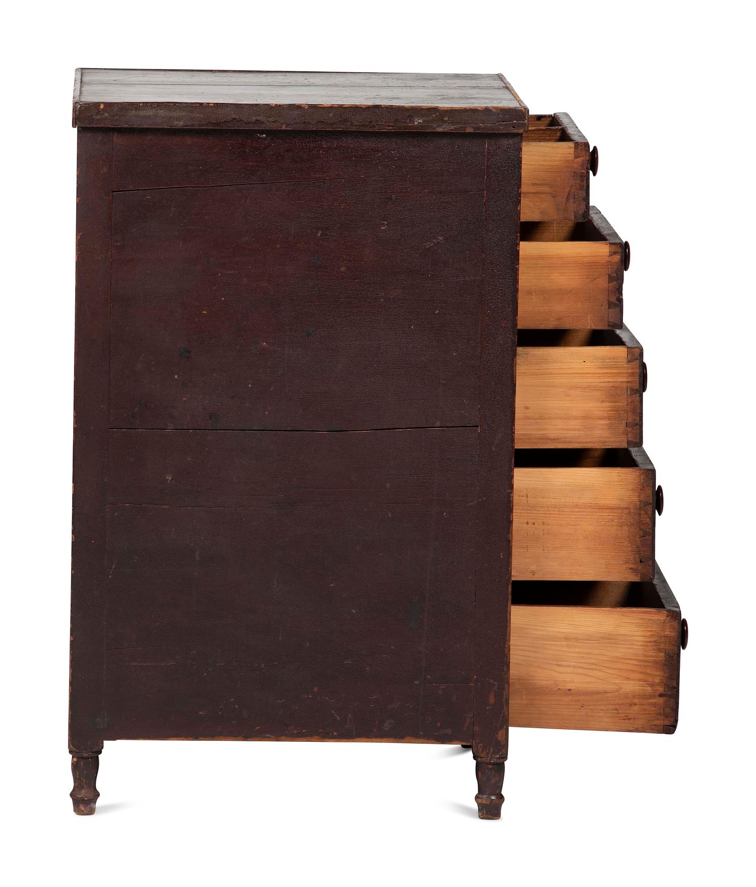 A Country Brown and Black Painted Five-Drawer Chest