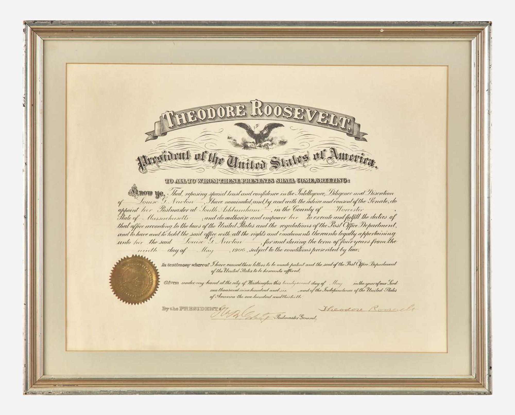 [Presidential] Roosevelt, Theodore: Partially-Printed Document, signed