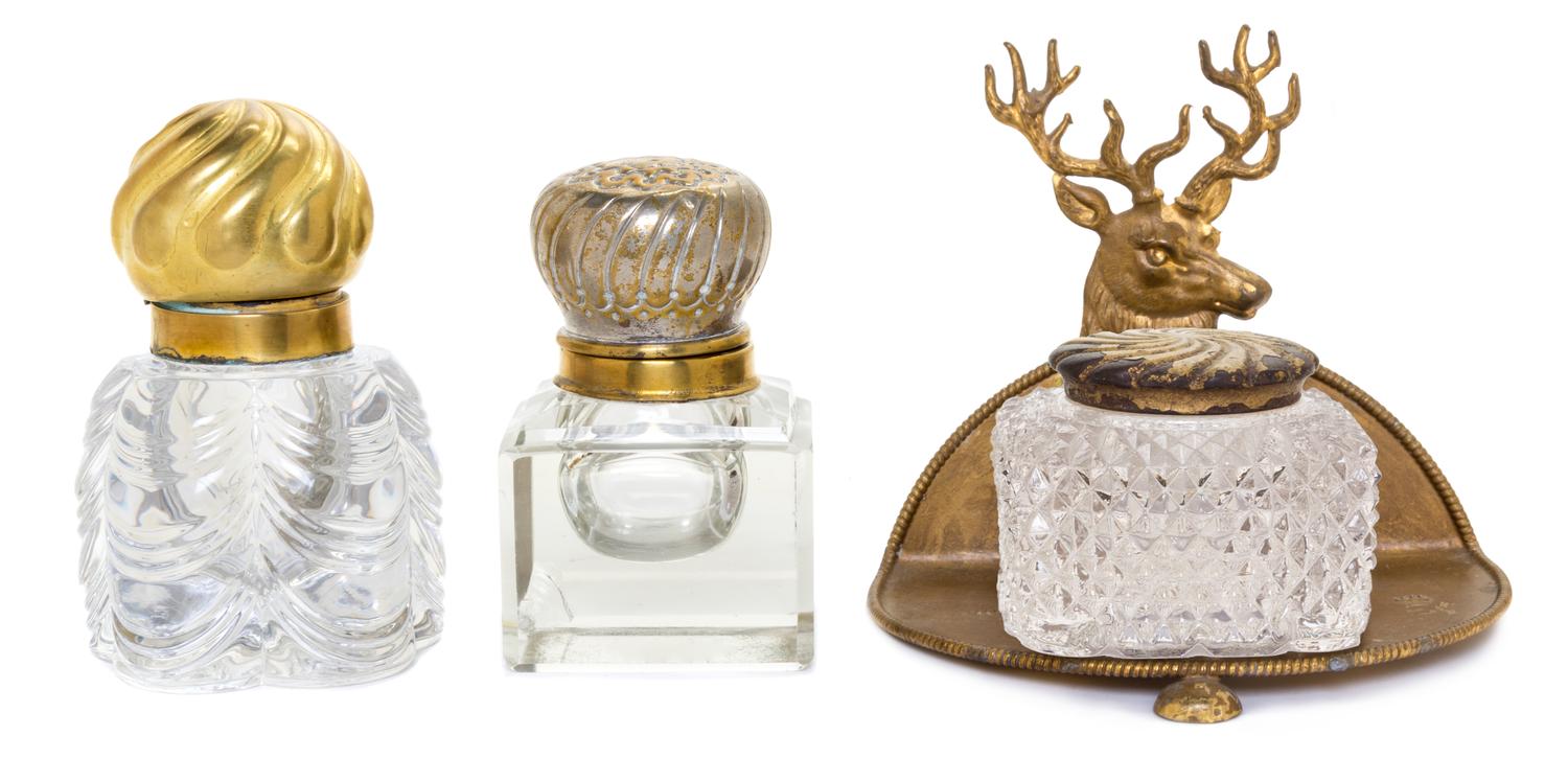 Three Brass Mounted Glass Inkwells Height of stand 4 5/8 inches.