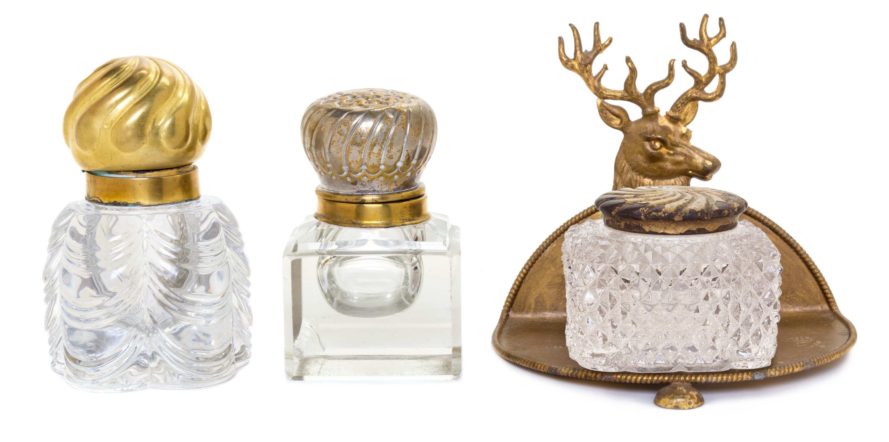 Three Brass Mounted Glass Inkwells Height of stand 4 5/8 inches.