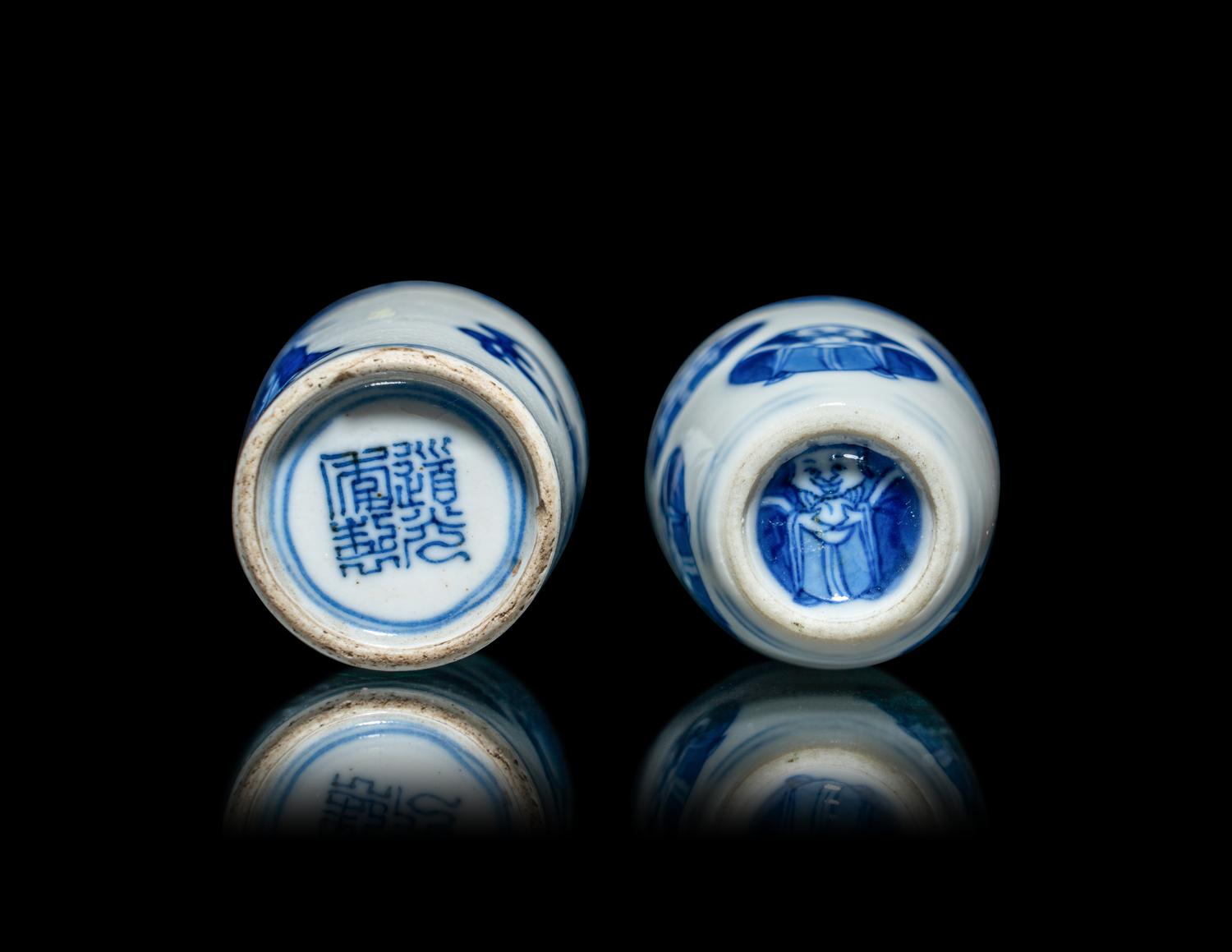 Two Chinese Blue and White Porcelain 'Figural' Snuff Bottles