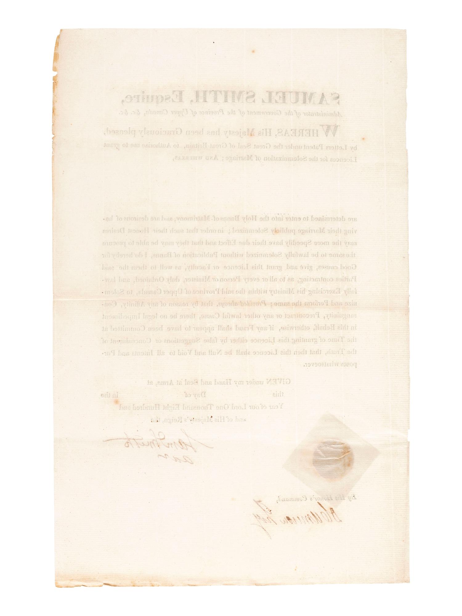 [REVOLUTIONARY WAR]. A group of 2 documents relating to the Province of Upper Canada, including one signed by Loyalist Samuel Smith (1756-1826) who served as Captain of the Queen's Rangers and surrendered at Yorktown.