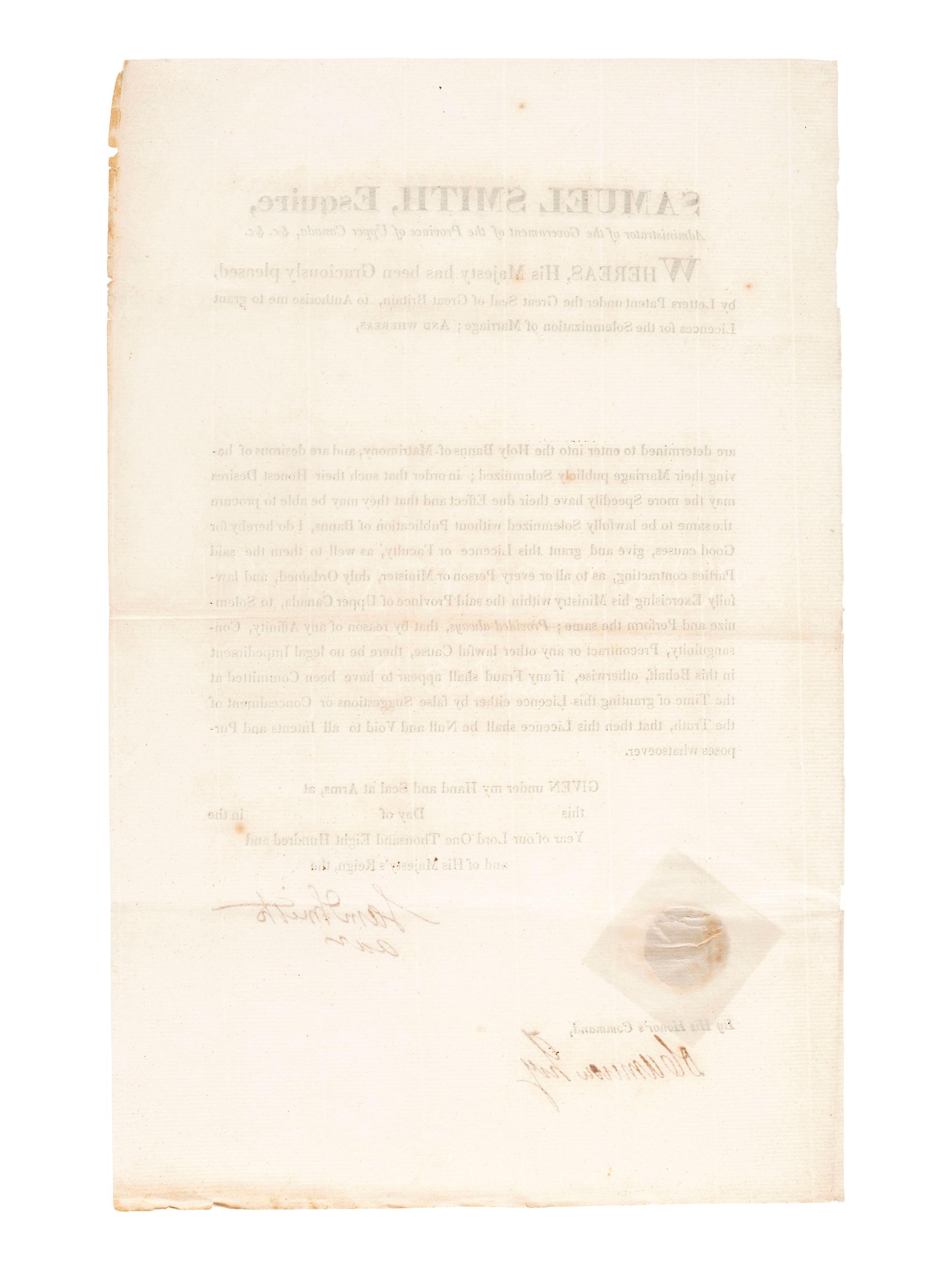 [REVOLUTIONARY WAR]. A group of 2 documents relating to the Province of Upper Canada, including one signed by Loyalist Samuel Smith (1756-1826) who served as Captain of the Queen's Rangers and surrendered at Yorktown.