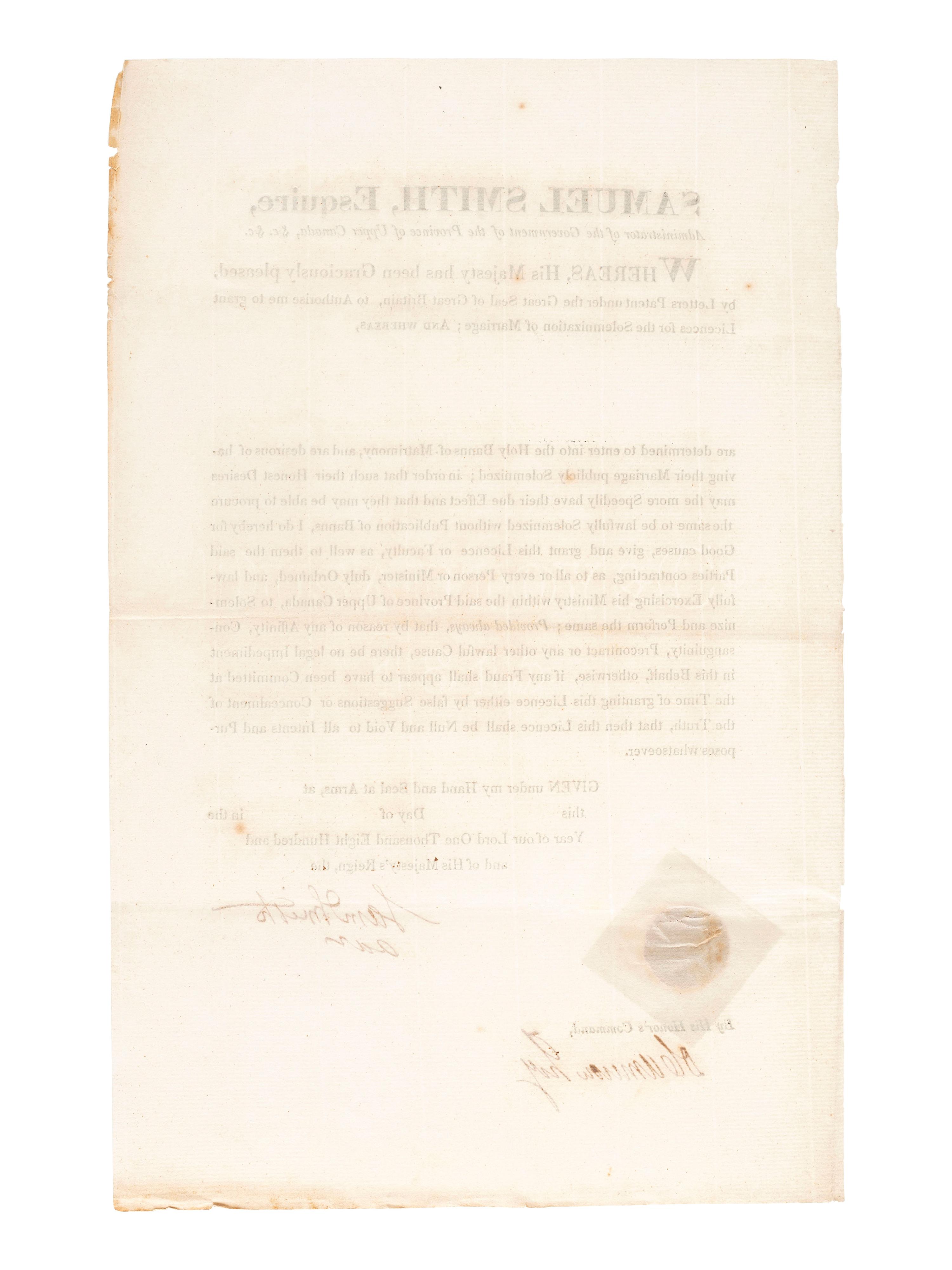 [REVOLUTIONARY WAR]. A group of 2 documents relating to the Province of Upper Canada, including one signed by Loyalist Samuel Smith (1756-1826) who served as Captain of the Queen's Rangers and surrendered at Yorktown.